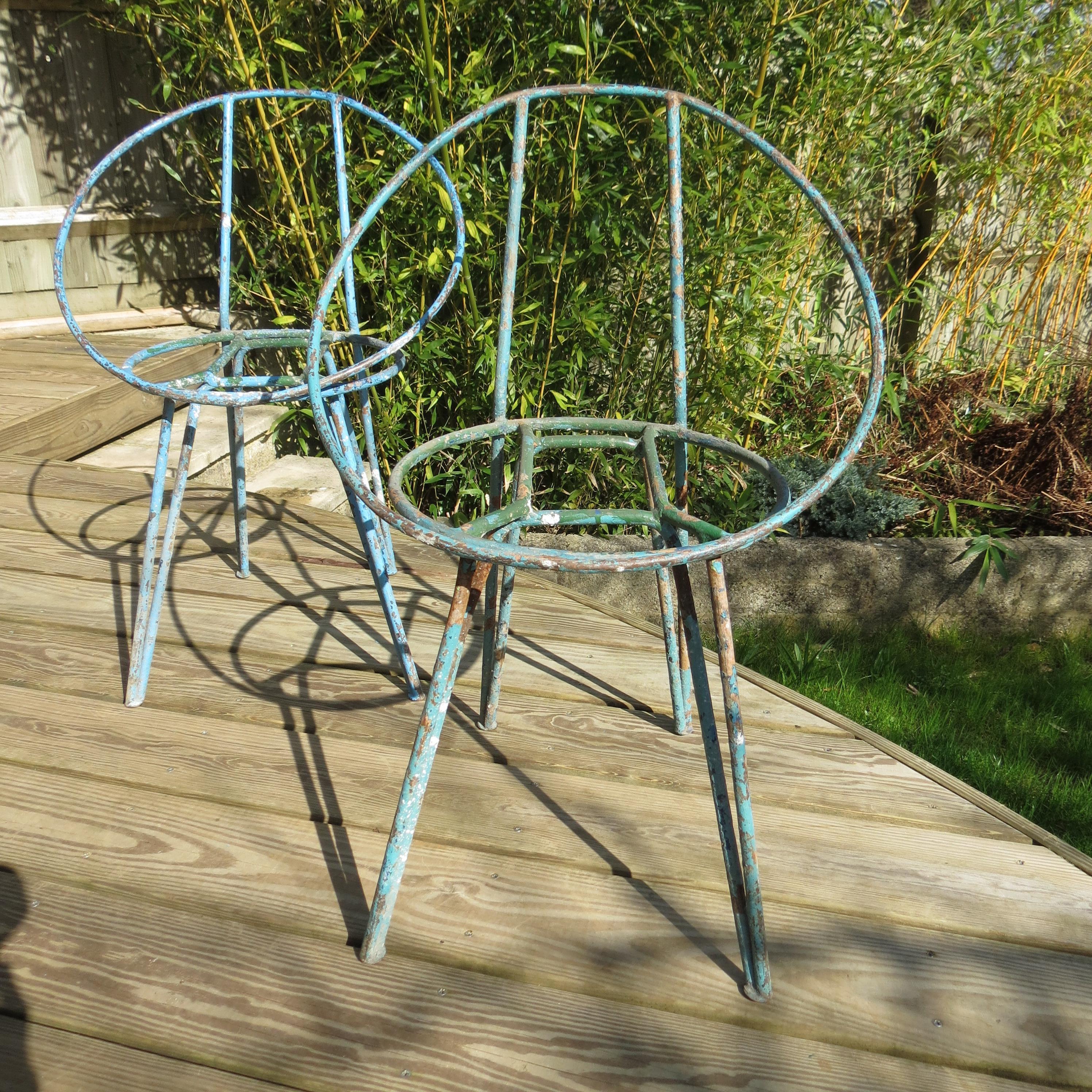 20th Century Set of 4 Midcentury Blue Patinated Metal Garden Chairs from the 1950s