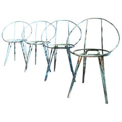Set of 4 Midcentury Blue Patinated Metal Garden Chairs from the 1950s