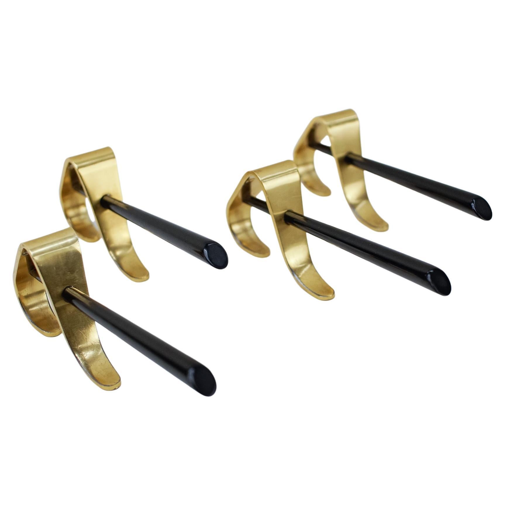 Set of 4 Mid-Century Brass Wall Hooks, Austria, 1950s For Sale