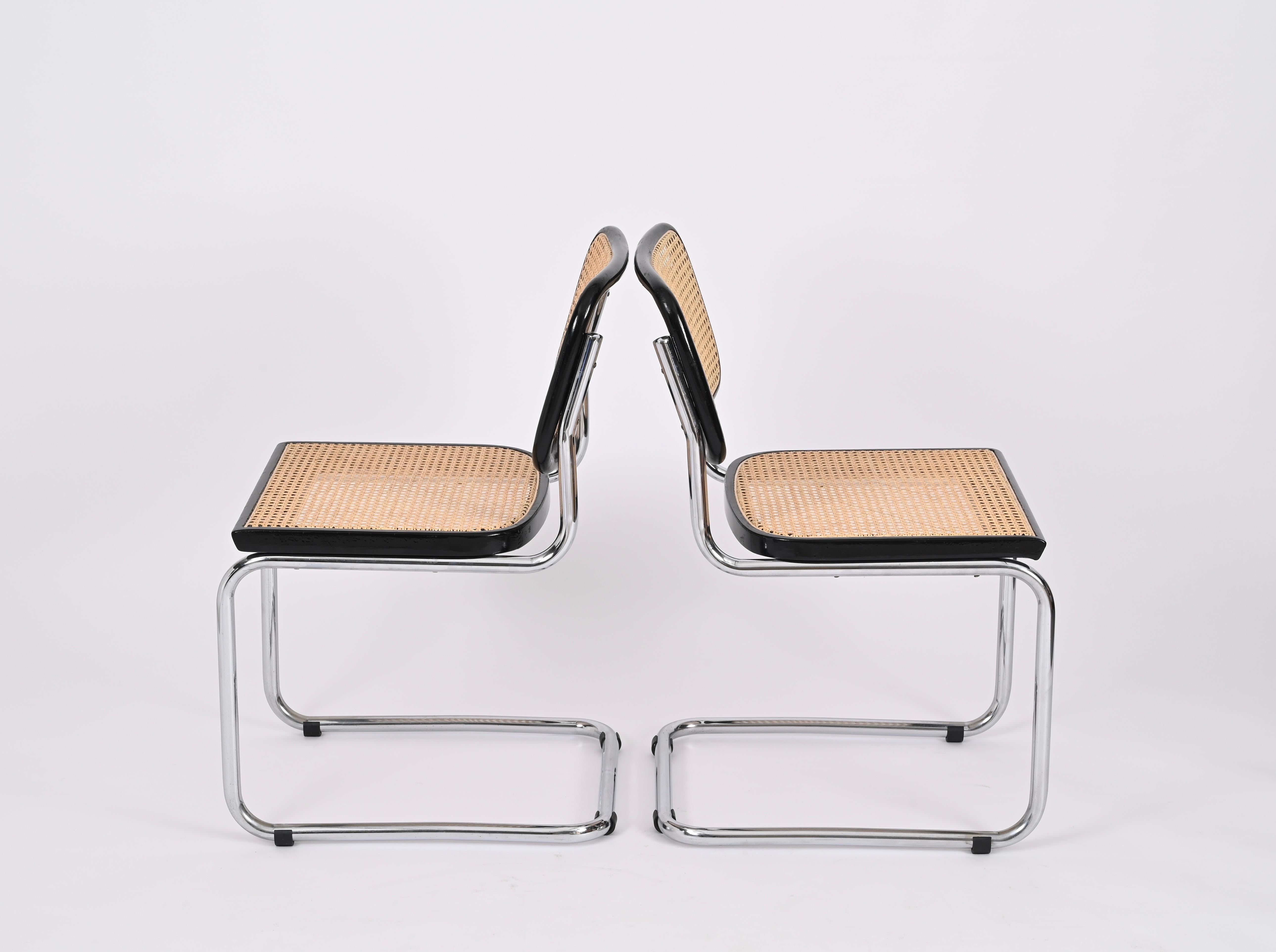 Italian Set of 4 Midcentury Cesca Chairs, Chrome and Straw, by Gavina, Italy 1970s