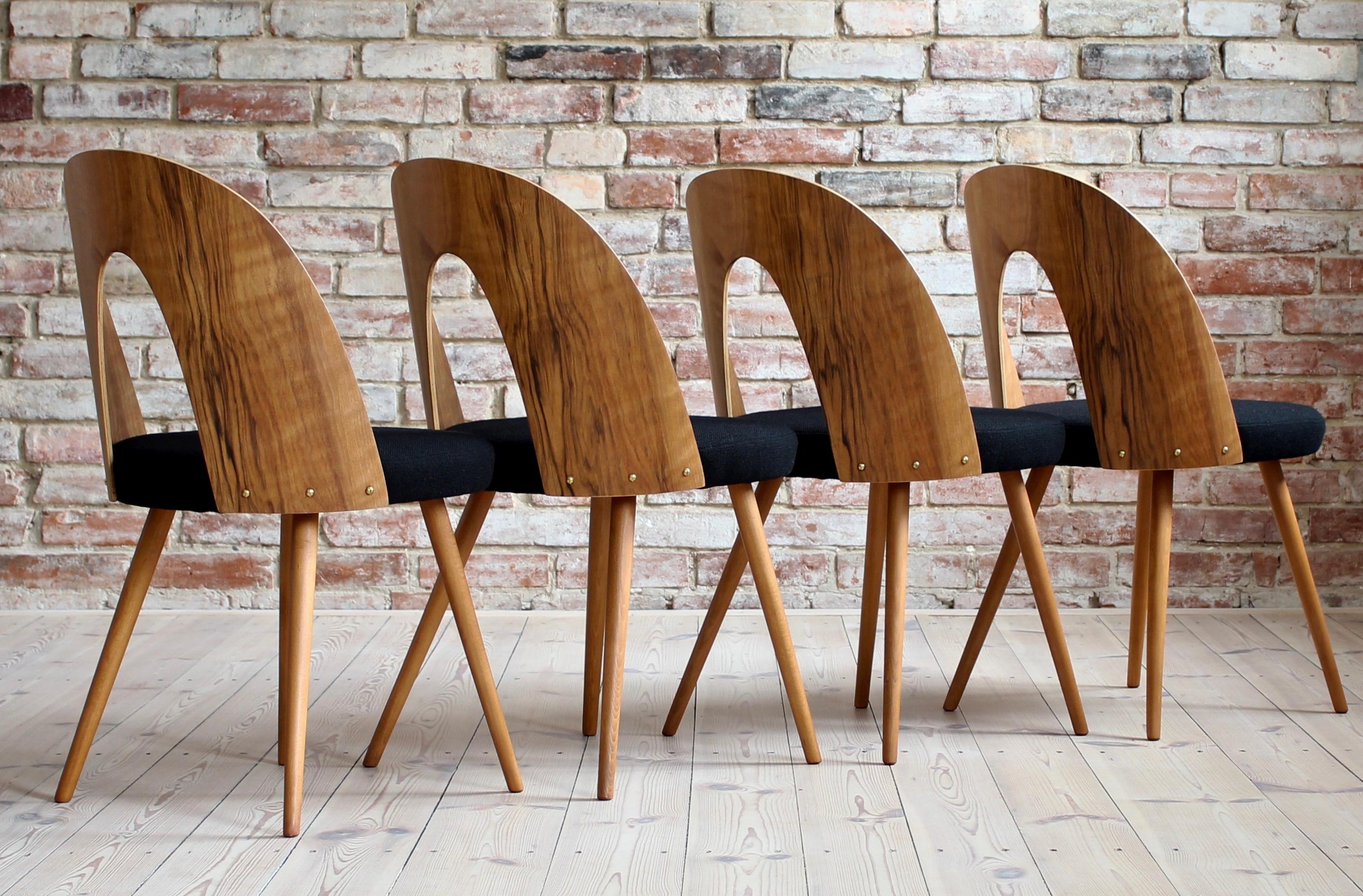 Mid-Century Modern Set of 4 Midcentury Dining Chairs by A. Šuman in Black Wool by Kvadrat