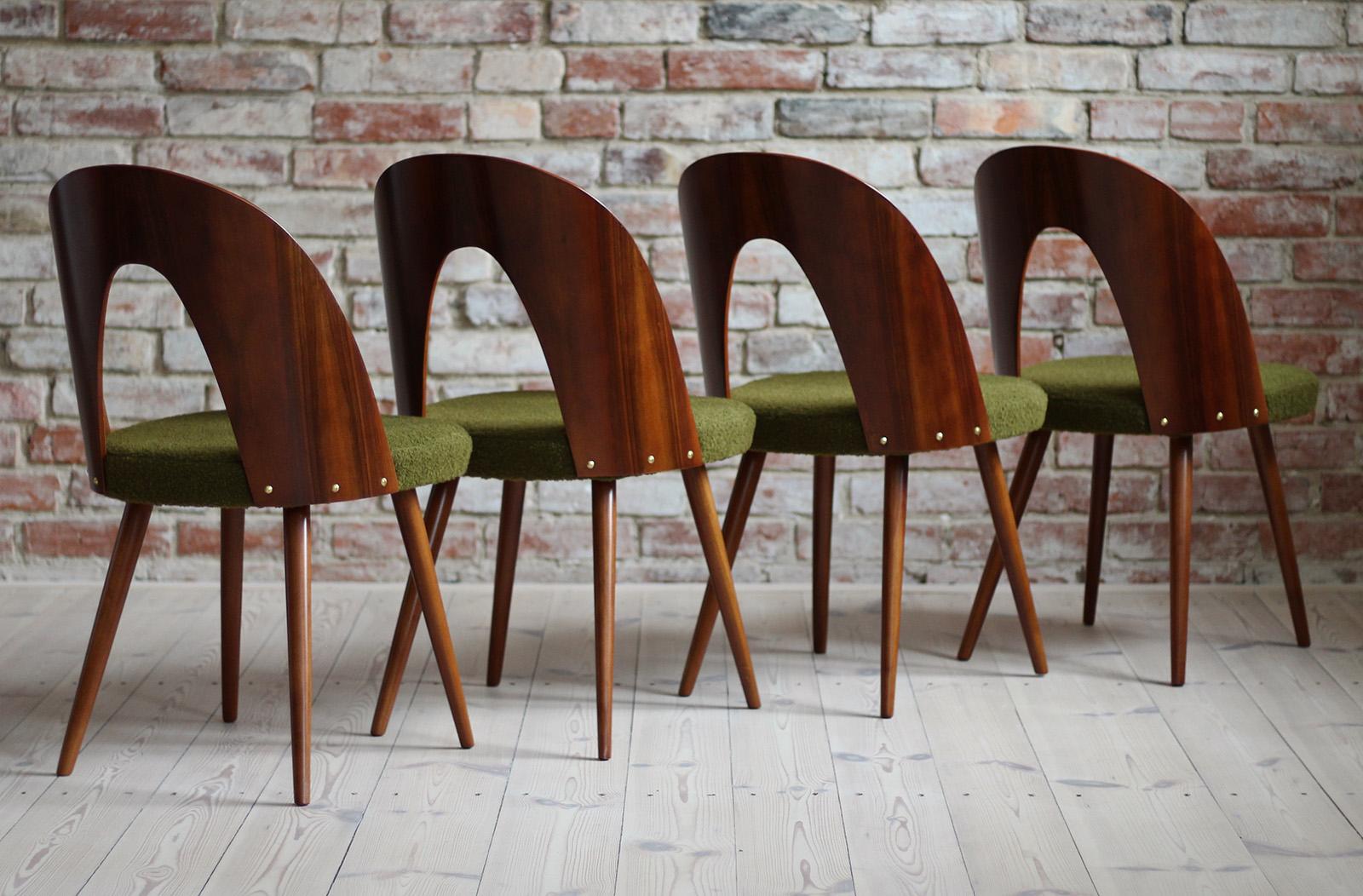 Czech Set of 4 Midcentury Dining Chairs by A. Šuman in Green Boucle by Kvadrat