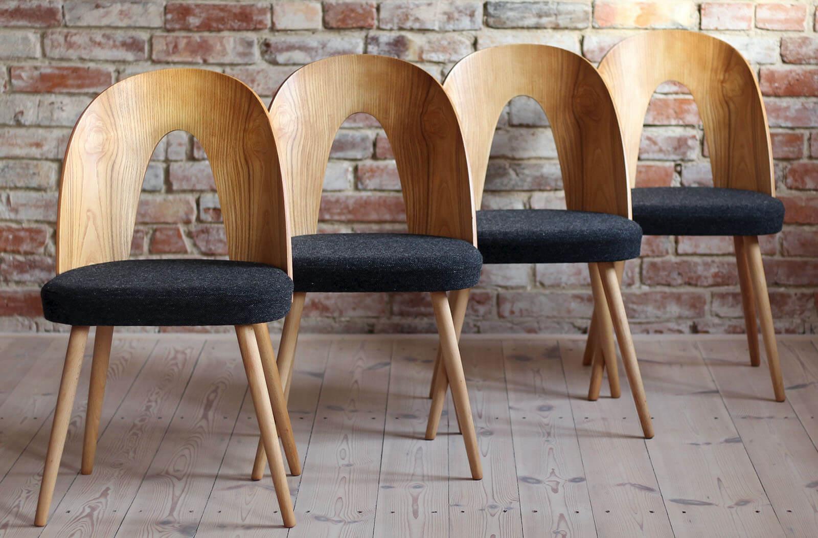 Czech Set of 4 Midcentury Dining Chairs by A. Šuman in Melange-Black Wool by Kvadrat