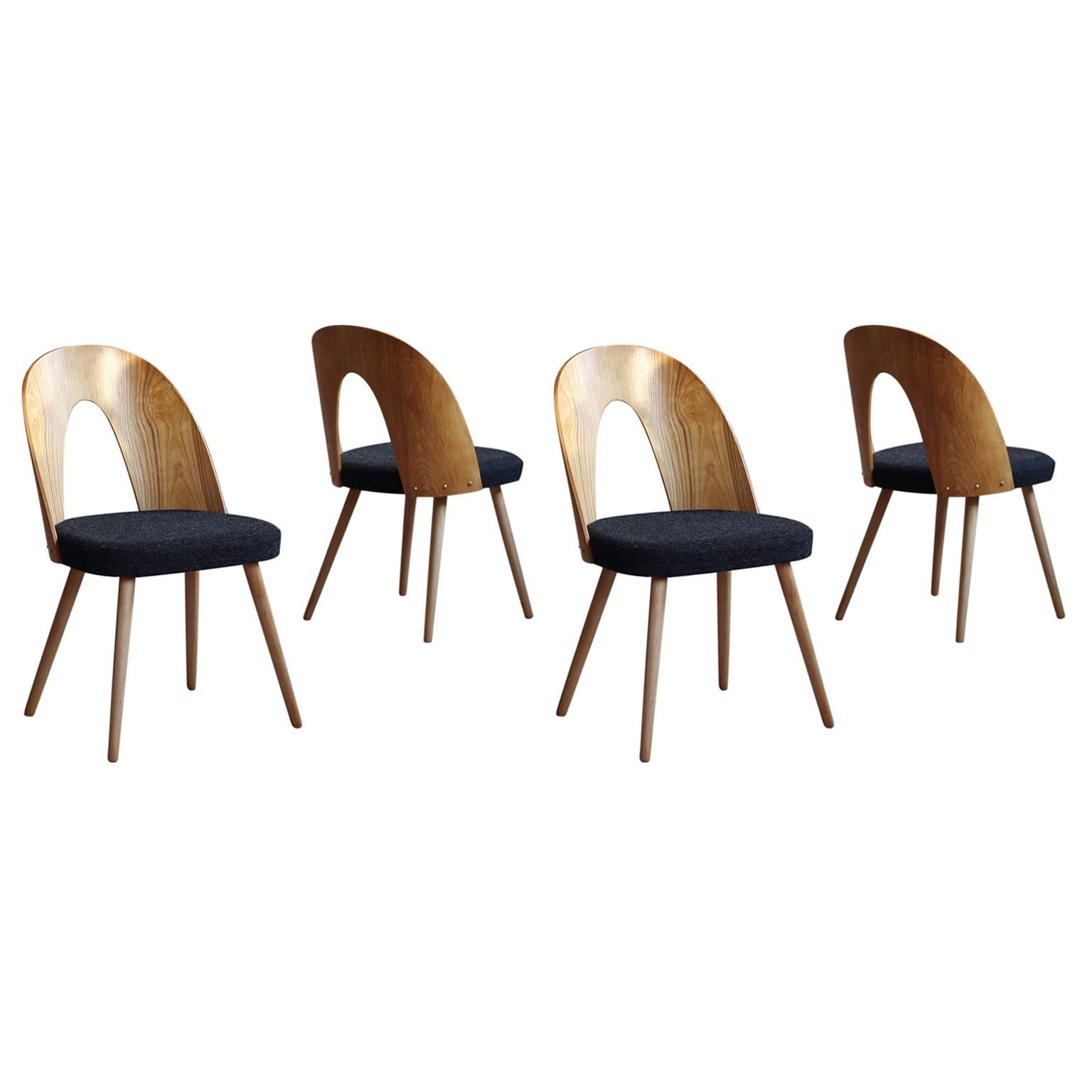 Set of 4 Midcentury Dining Chairs by A. Šuman in Melange-Black Wool by Kvadrat