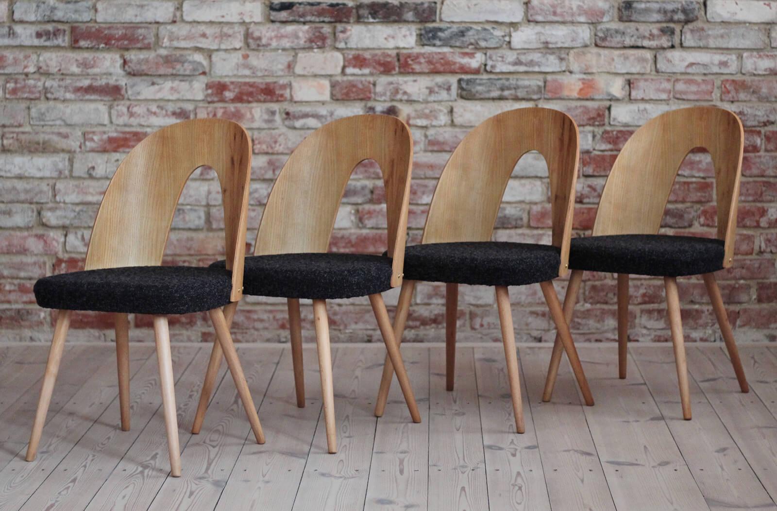 This set of four vintage dining chairs was designed by Czech designer Antonin Šuman in the 1960s. The chairs have been completely restored finished with high-quality wood oil that gave them beautiful finish and refreshed look. The set is