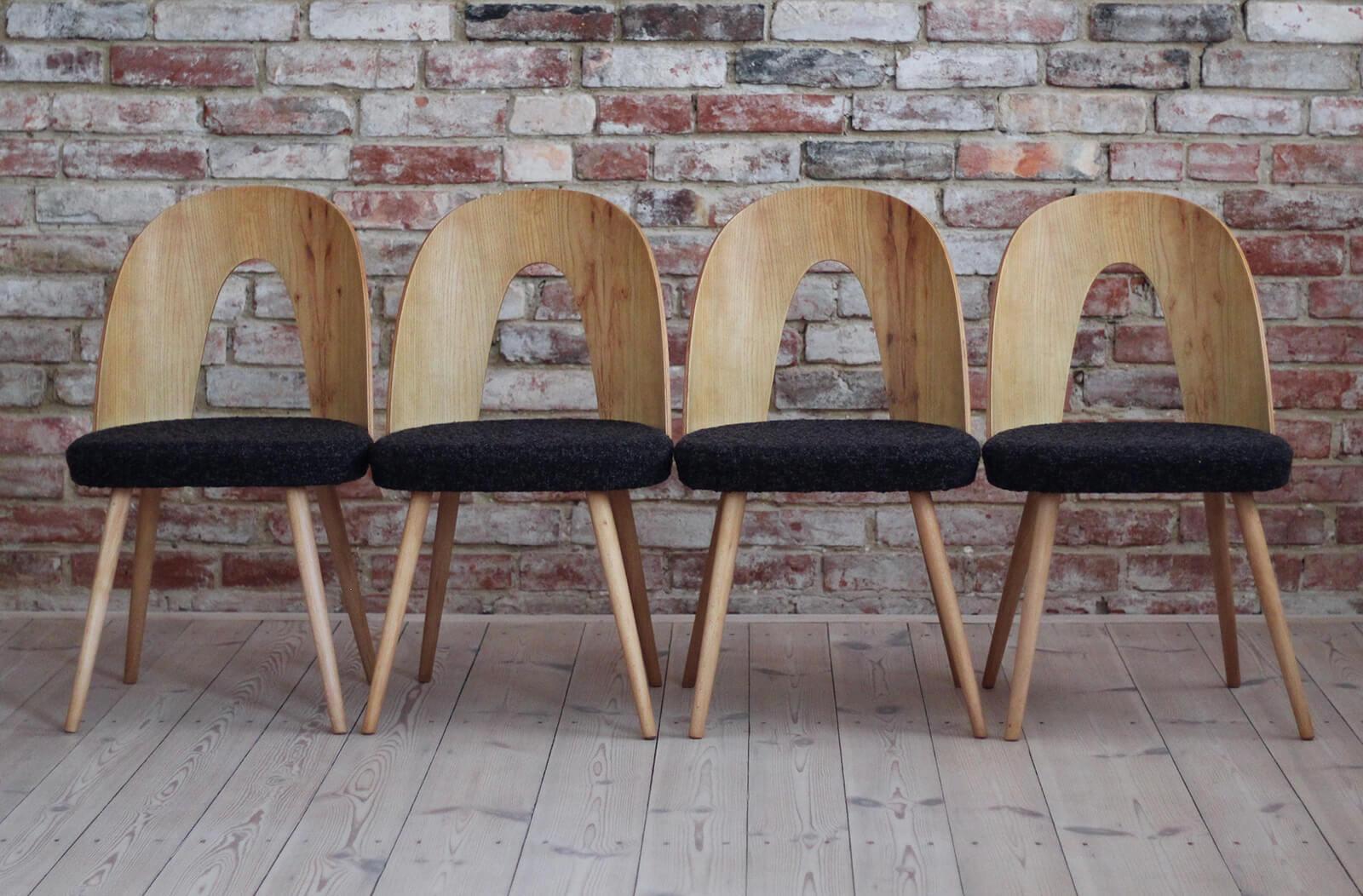 Mid-Century Modern Set of 4 Mid-Century Dining Chairs by a. Šuman, Reupholstered in Black Boucle