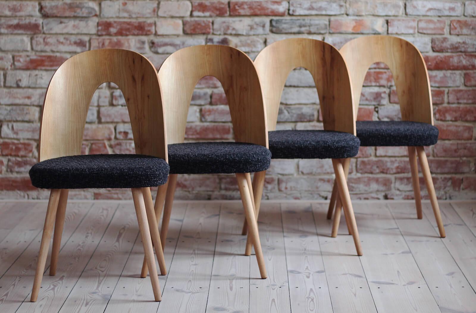 Czech Set of 4 Mid-Century Dining Chairs by a. Šuman, Reupholstered in Black Boucle