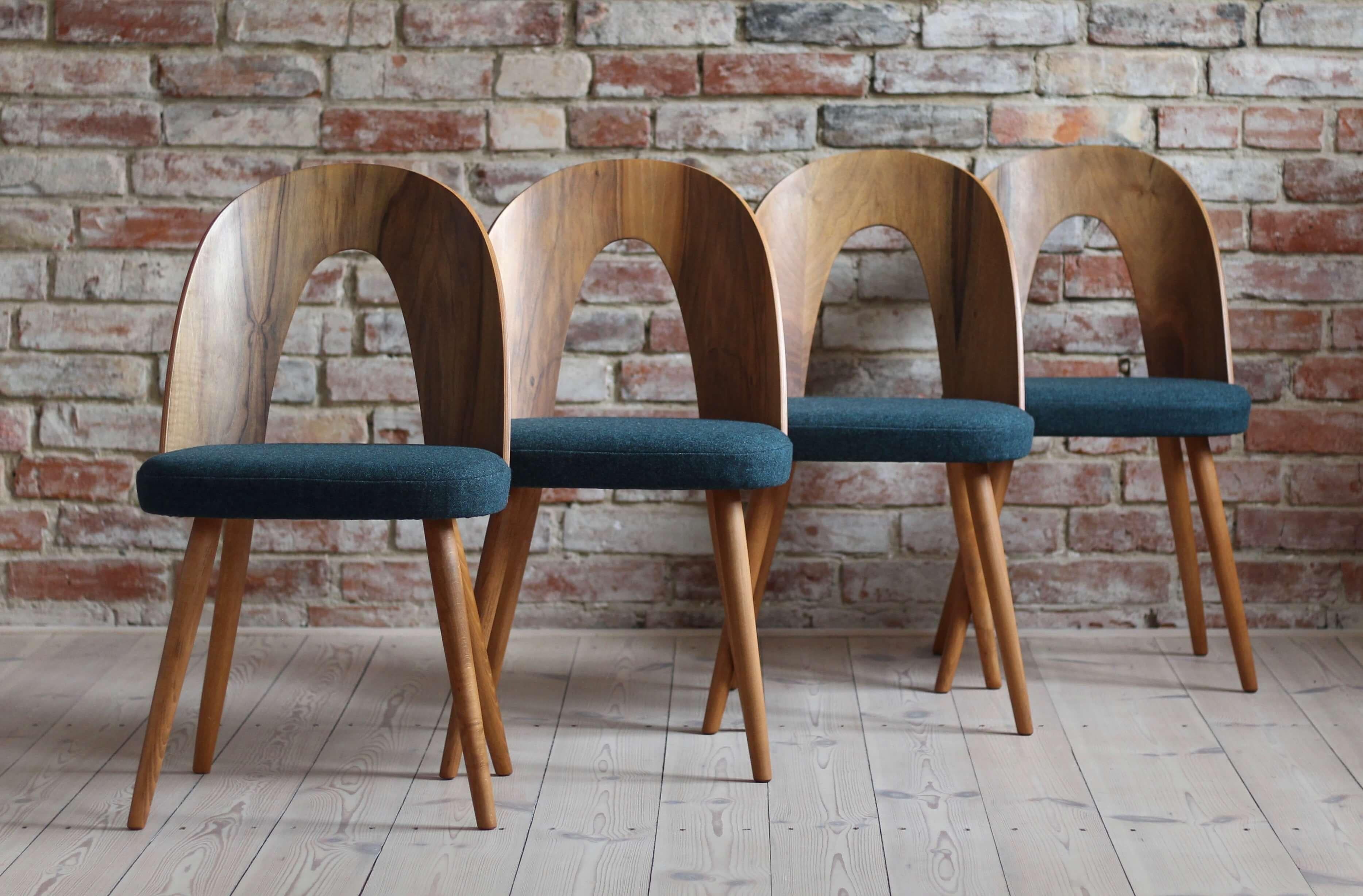 Czech Set of 4 Midcentury Dining Chairs by A. Šuman, Reupholstered in Kvadrat Fabric