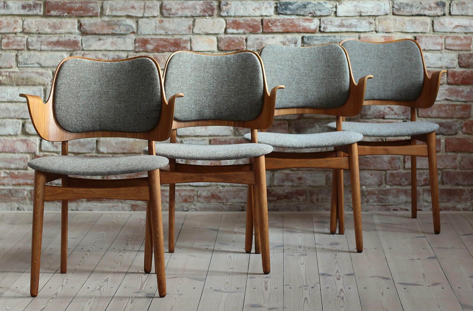 This set of four vintage dining chairs was designed by Danish designer Hans Olsen in the 1960s and produced by Bramin manufactory. The chairs have been completely restored finished with high-quality oil that gave them beautiful and natural finish.