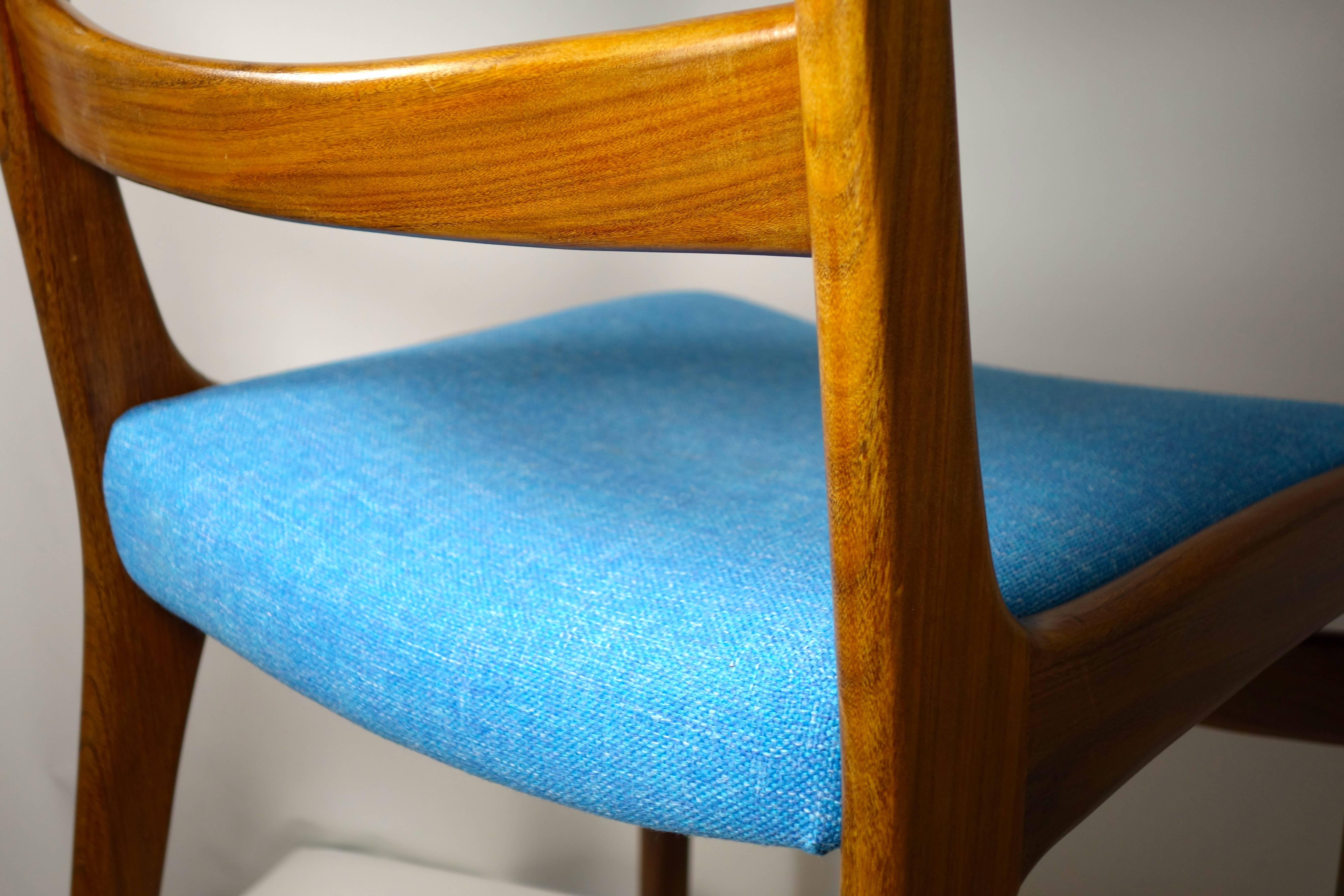 Set of Four Midcentury Scandinavian Teak Dining Chairs Blue Fabric 1960's 6