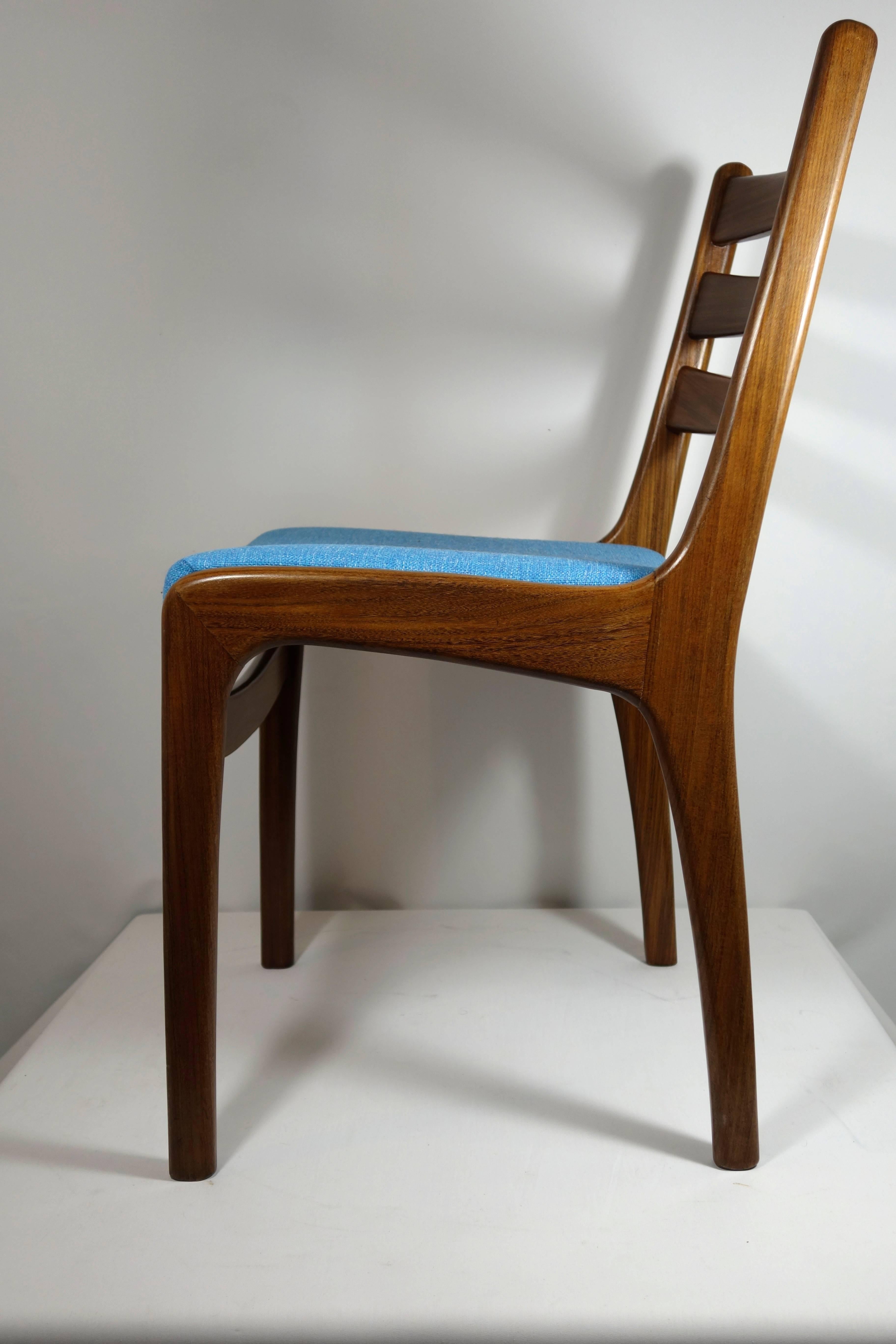 Mid-Century Modern Set of Four Midcentury Scandinavian Teak Dining Chairs Blue Fabric 1960's