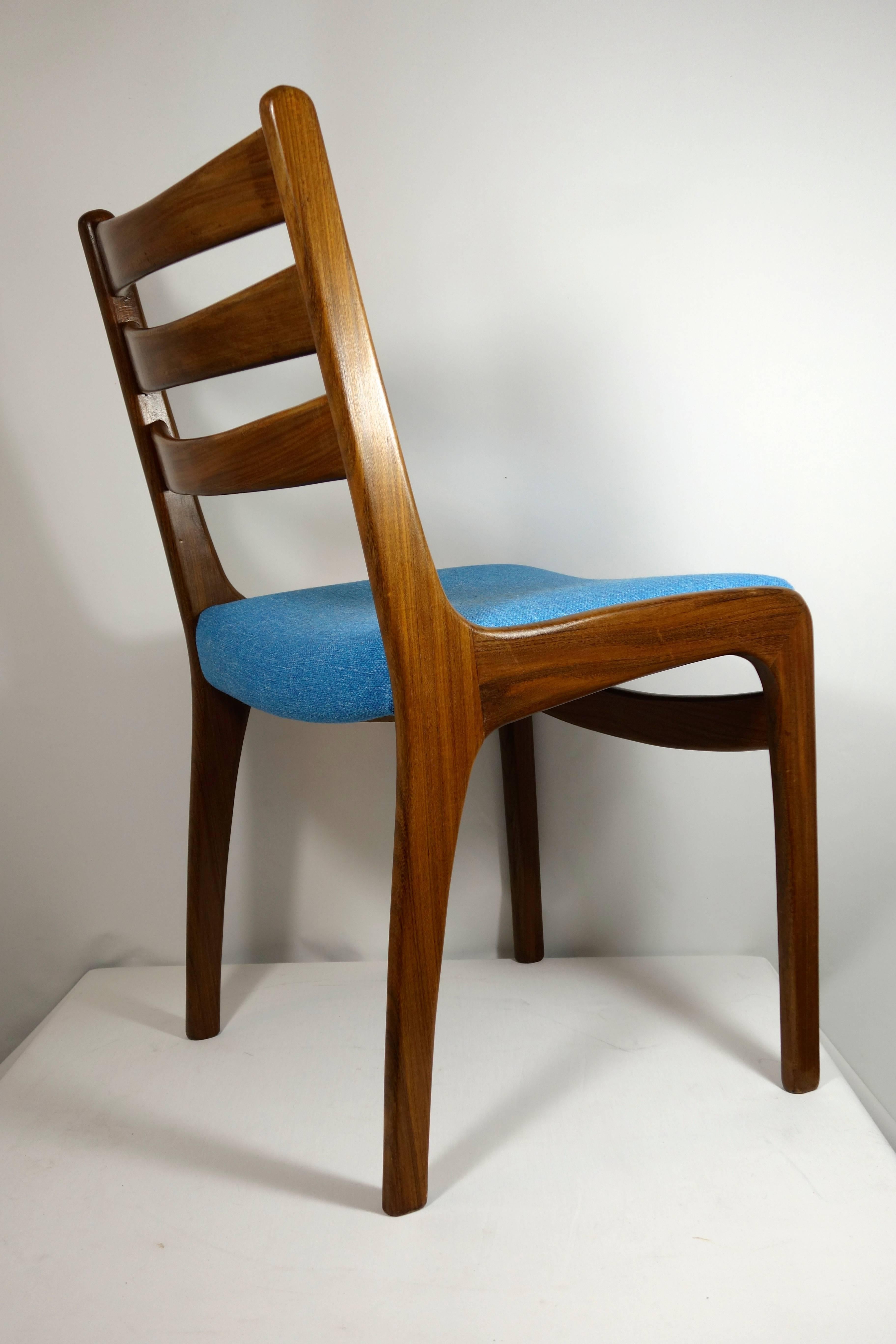 Set of Four Midcentury Scandinavian Teak Dining Chairs Blue Fabric 1960's 1