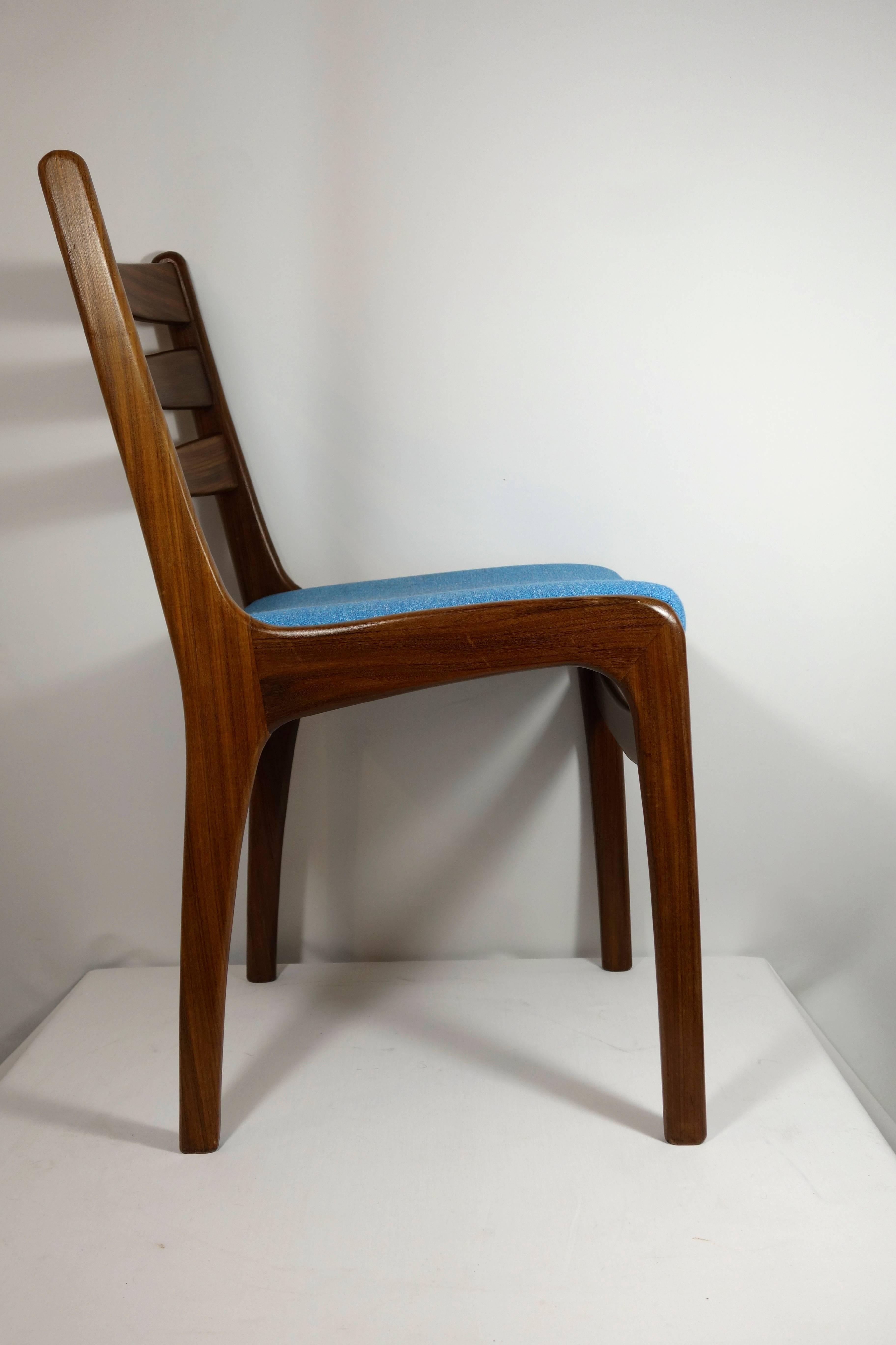 Set of Four Midcentury Scandinavian Teak Dining Chairs Blue Fabric 1960's 2