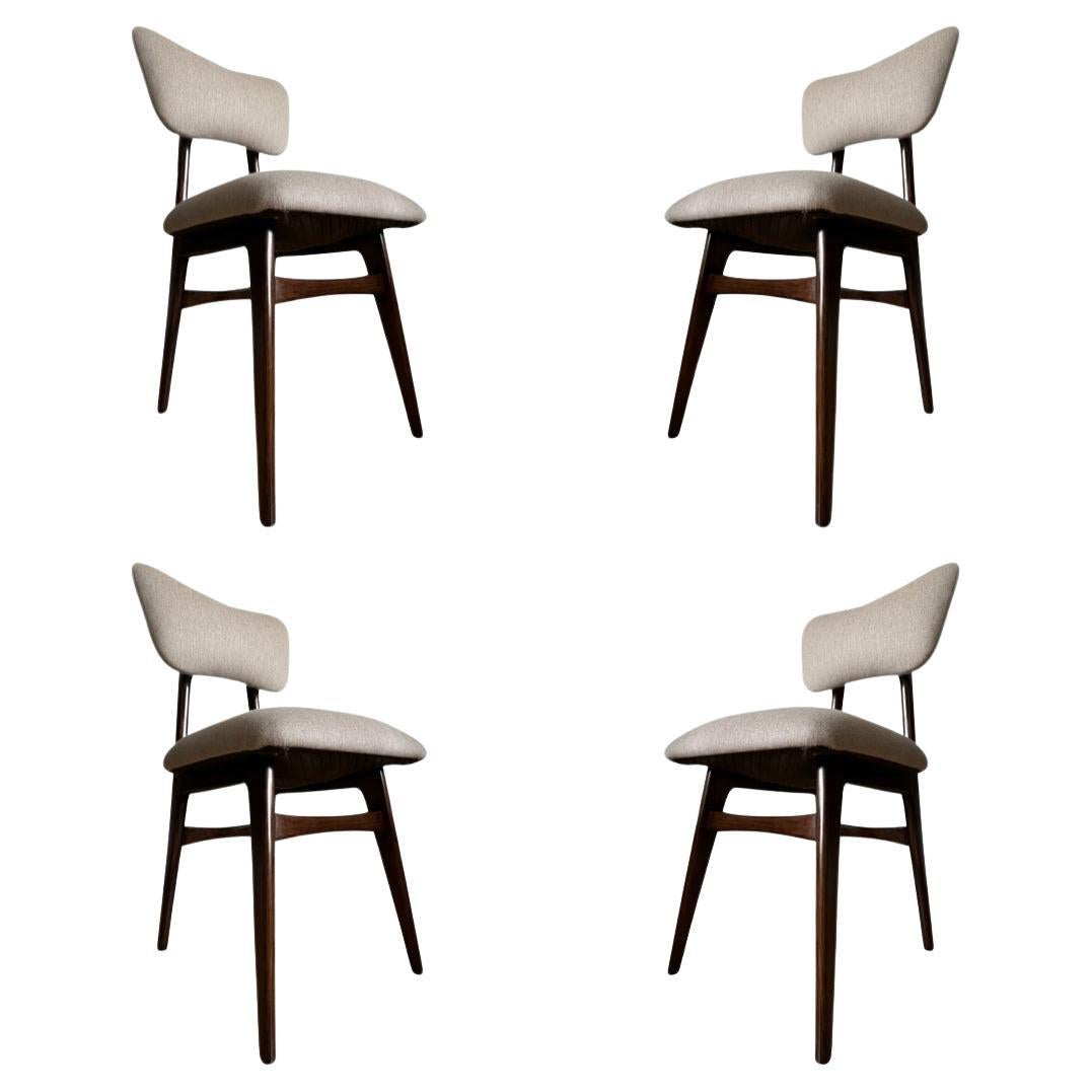 Set of 4 Midcentury Dining Chairs in Beige Wool Upholstery, Poland, 1960s For Sale