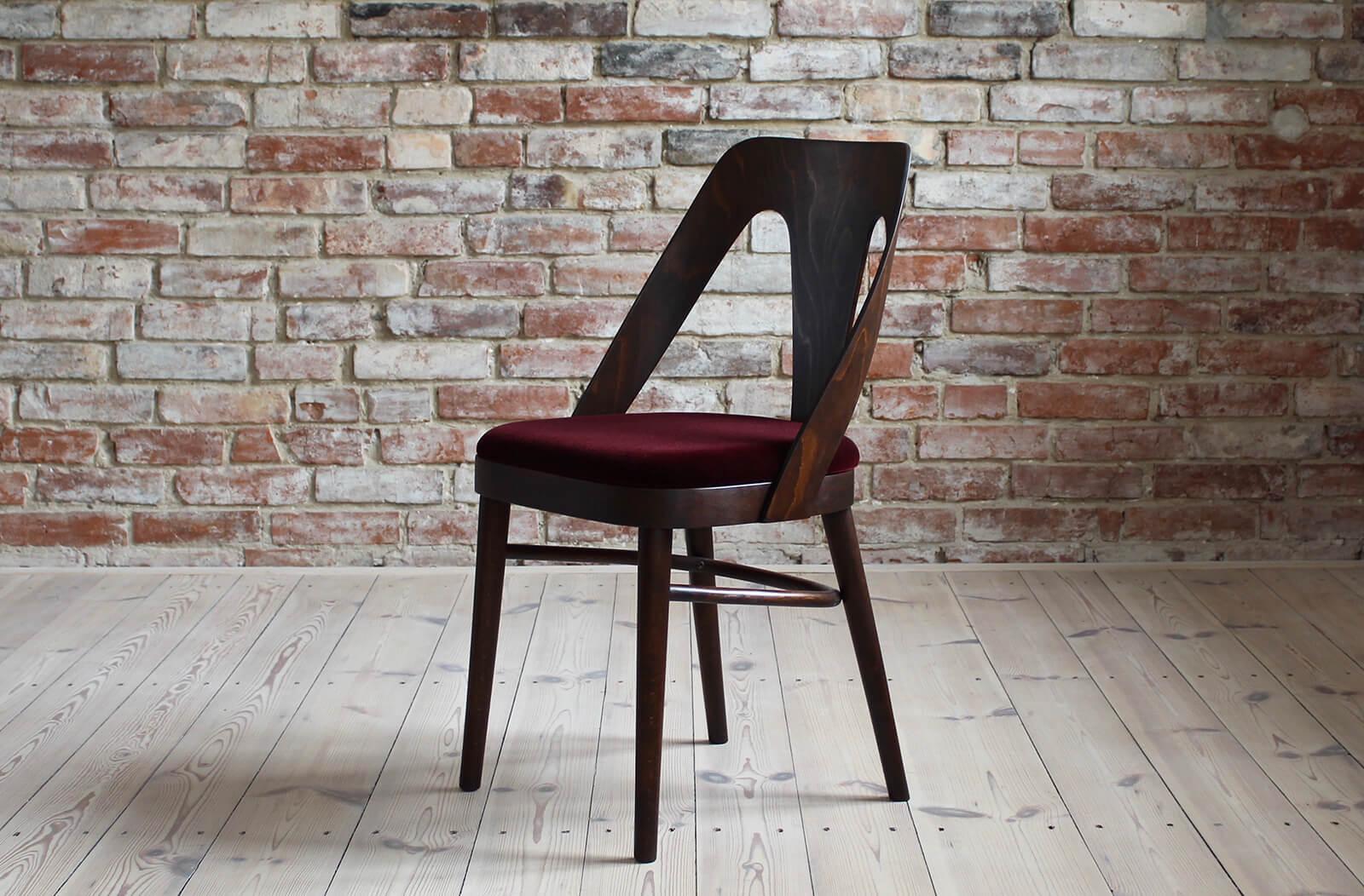 Polish Set of 4 Midcentury Dining Chairs in Burgundy Mohair by Kvadrat