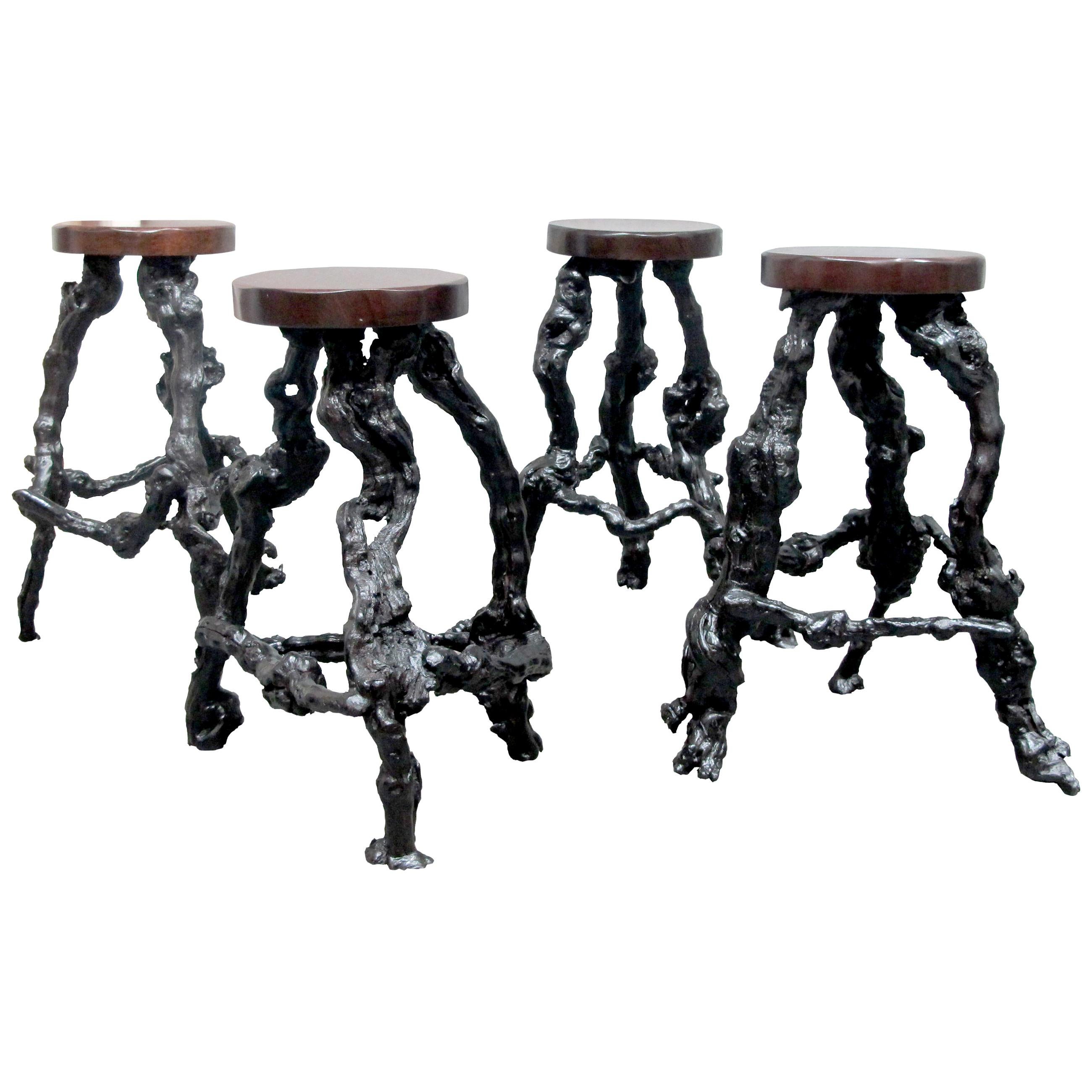 Set of 4 Midcentury French Twisted Grapevine Handcrafted Root Bar Stools