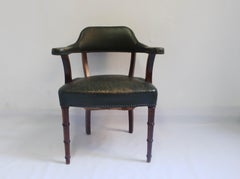 Midcentury Leather and Oak Wood & Green Leather Armchairs, Spain, 1950s