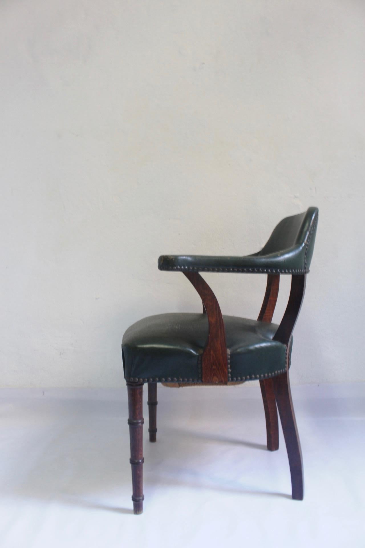 Mid-Century Modern   Midcentury Leather and Oak Wood & Green Leather Armchairs, Spain, 1950s For Sale