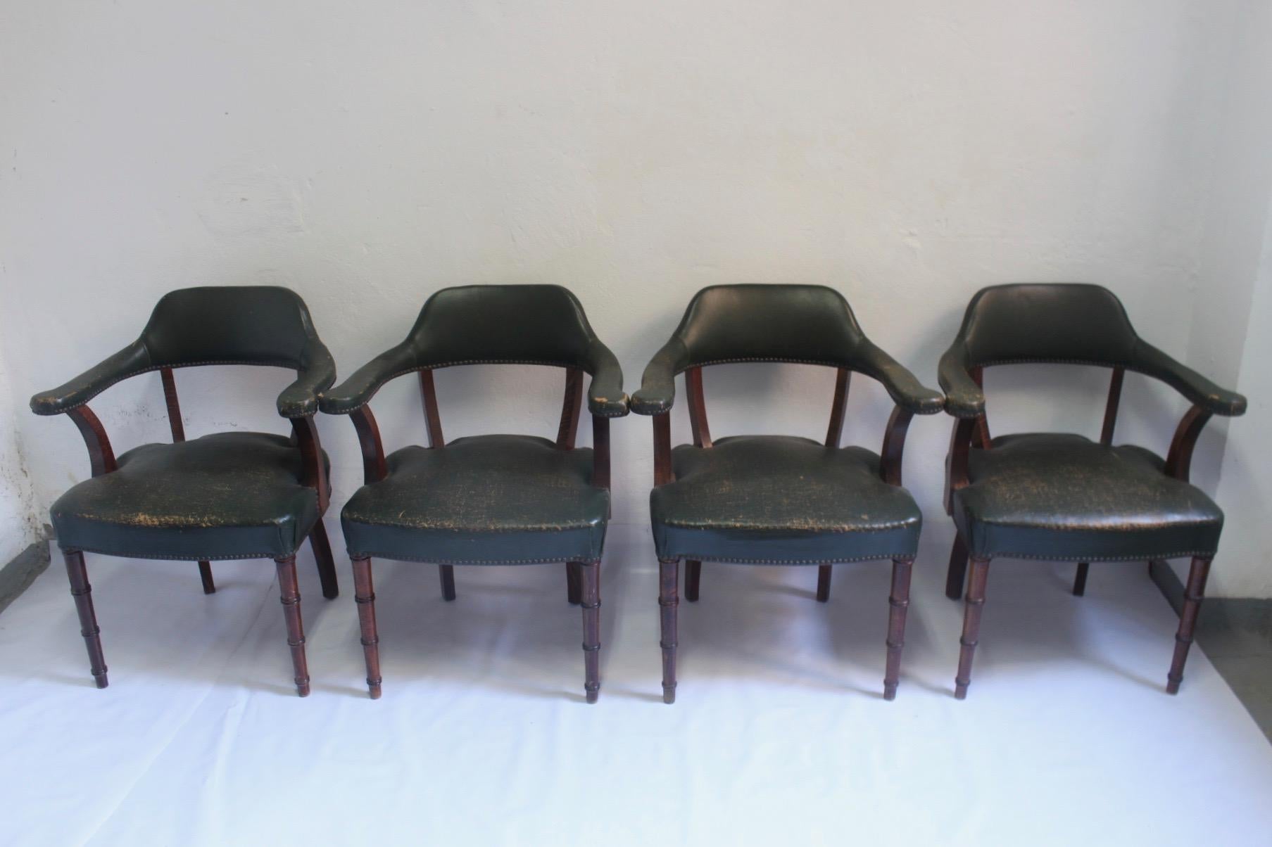 Spanish   Midcentury Leather and Oak Wood & Green Leather Armchairs, Spain, 1950s For Sale