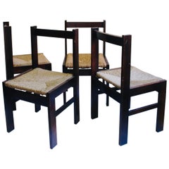 Set of 4 Midcentury Rationalist Rush Woven Dining Chair, 1960s