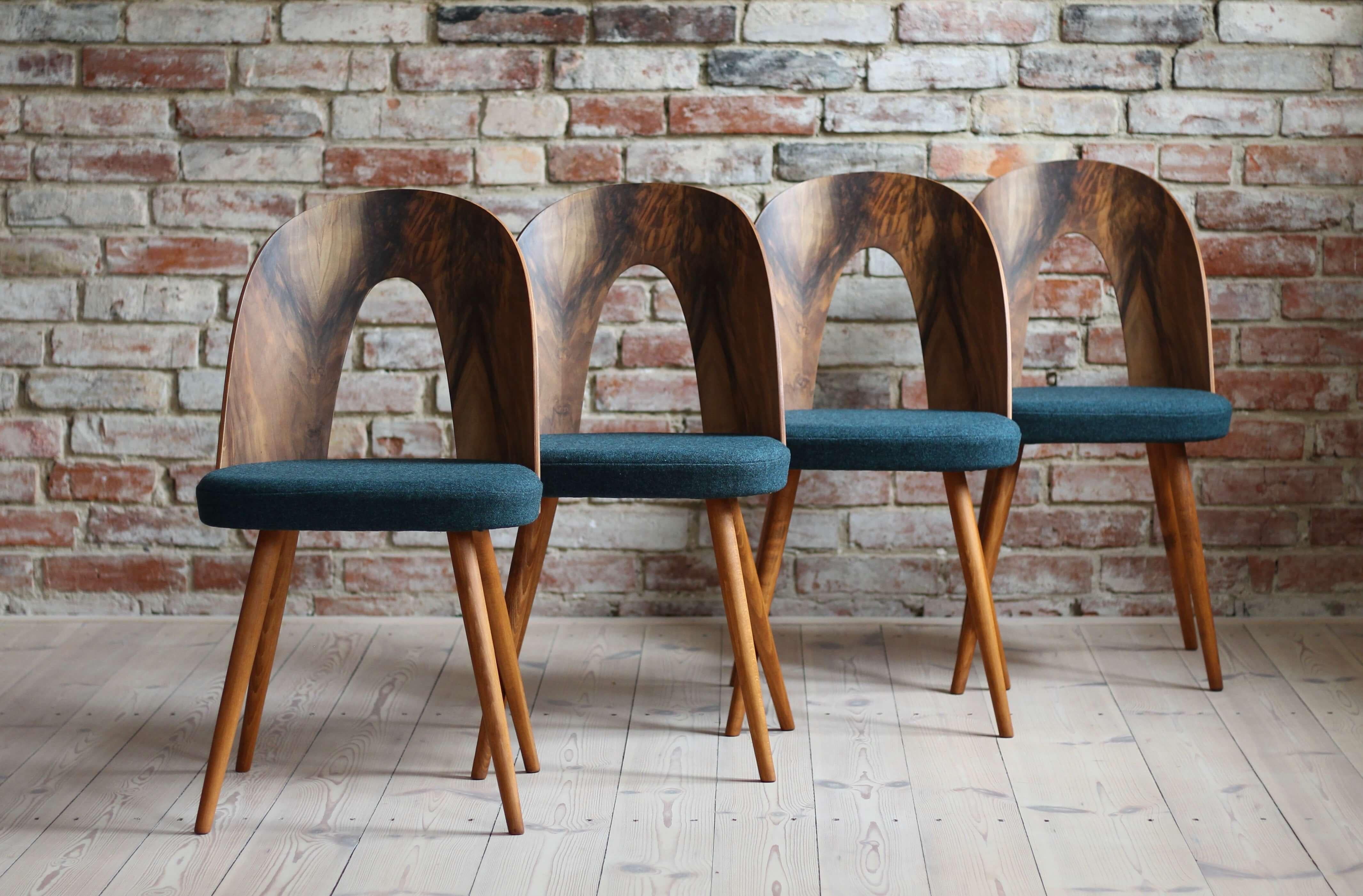 Czech Set of 4 Midcentury Walnut Dining Chairs by A. Šuman, KVADRAT Reupholstery