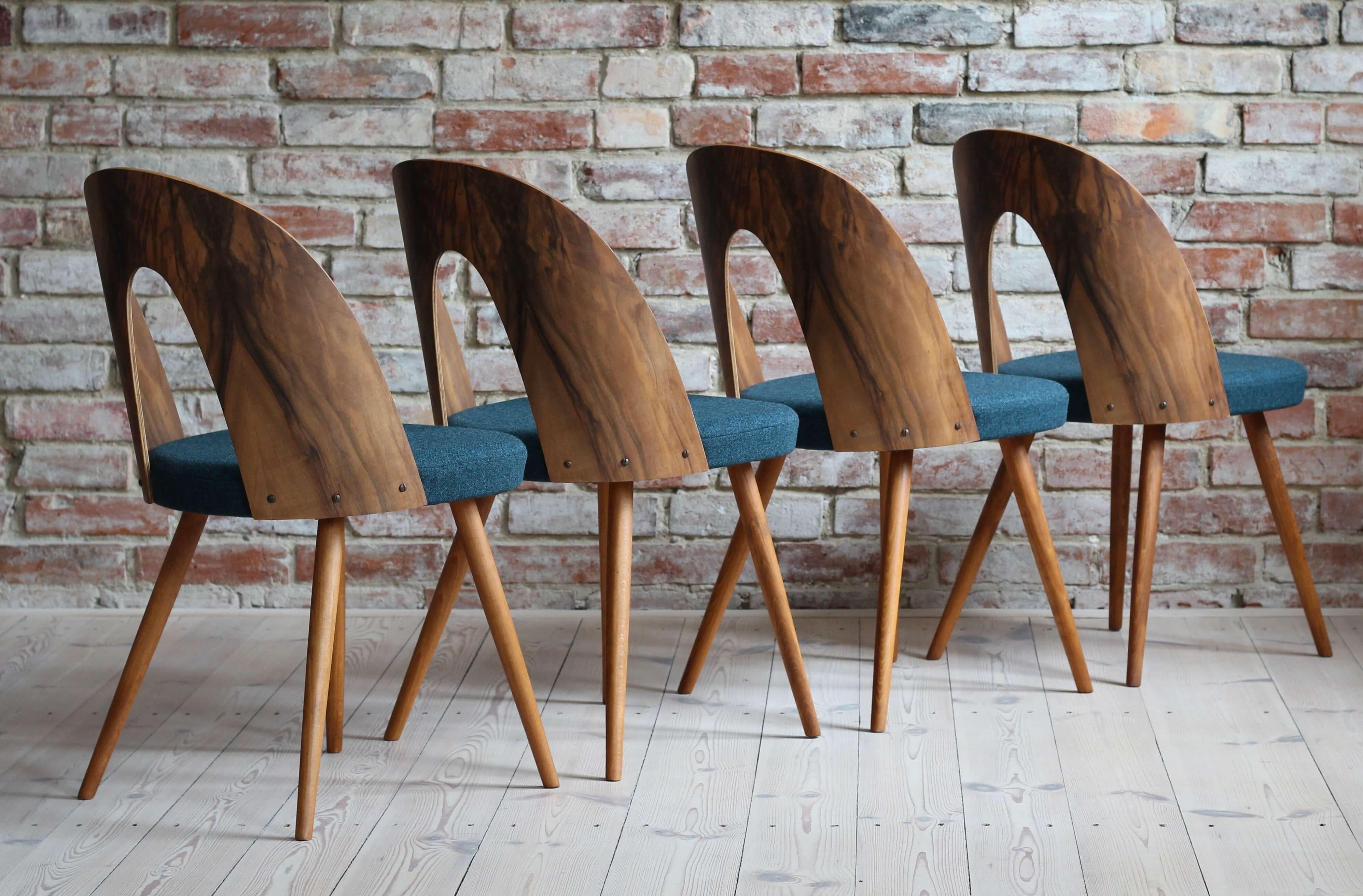 Oiled Set of 4 Midcentury Walnut Dining Chairs by A. Šuman, KVADRAT Reupholstery