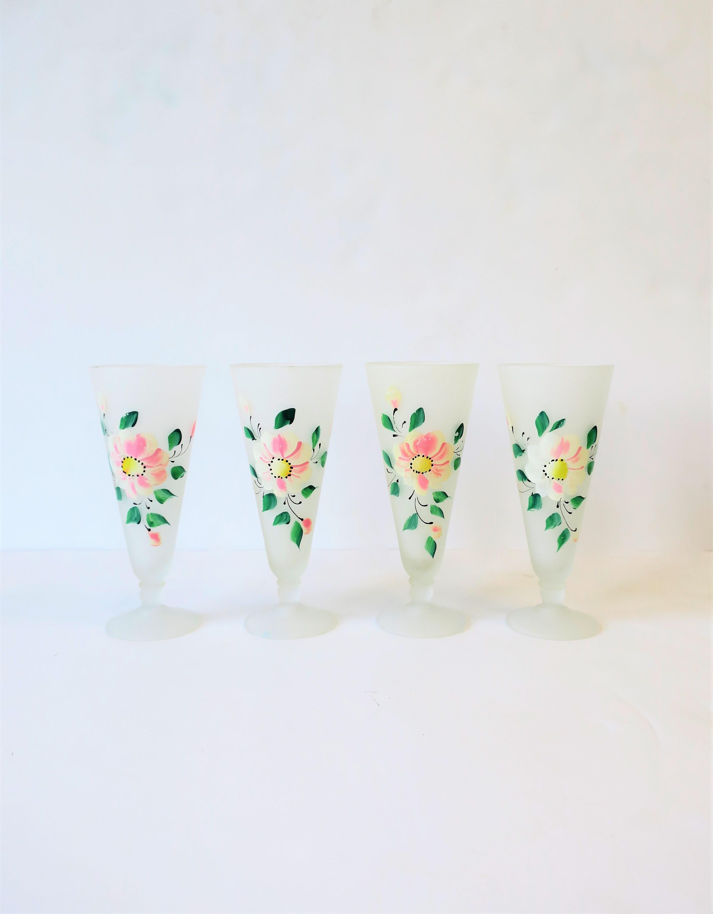 Frosted White Floral 'Chintz' Cocktail Glasses with Pink and Green Flowers, Set of 4