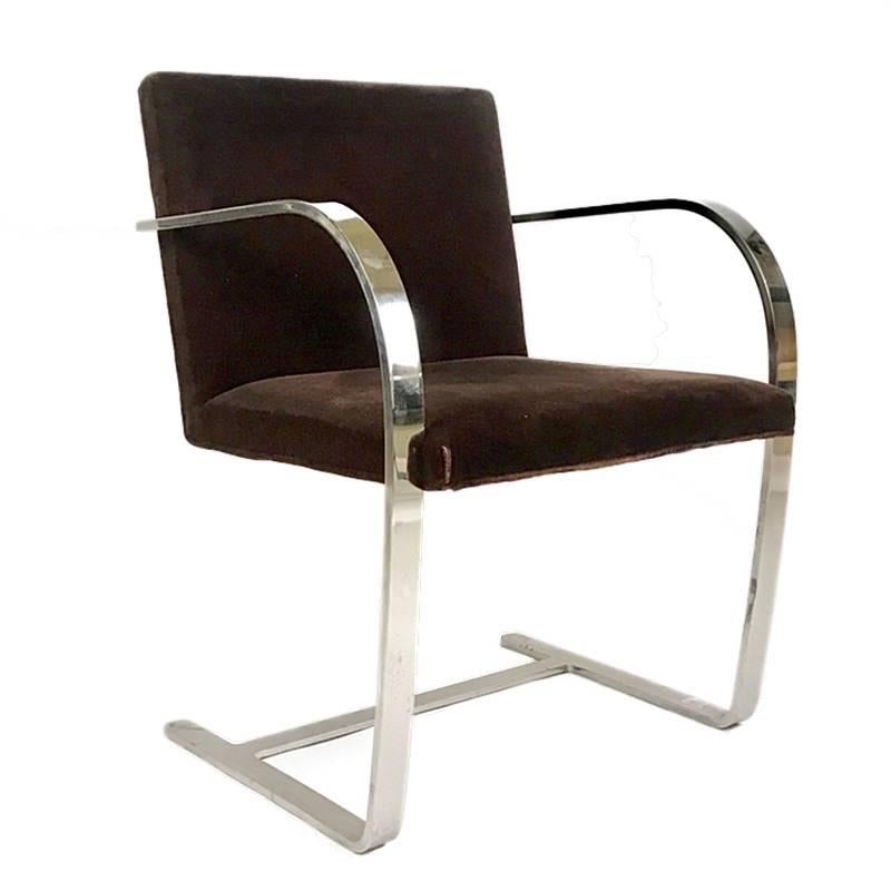 Four chocolate brown mohair upholstered BRNO chairs designed by Mid Van der Rohe for Knoll. Priced individually.
