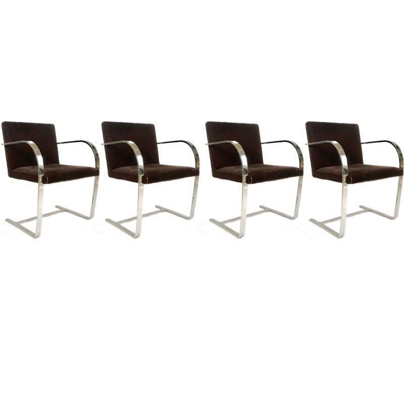 Set of 4 Mies Van Der Rohe for Knoll Flat Brno Chairs in Chocolate Brown Mohair