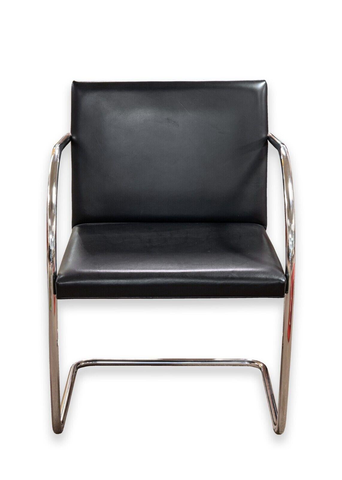 Mid-Century Modern Set of 4 Mies van der Rohe for Knoll Tubular Black Leather Brno MCM Chairs For Sale