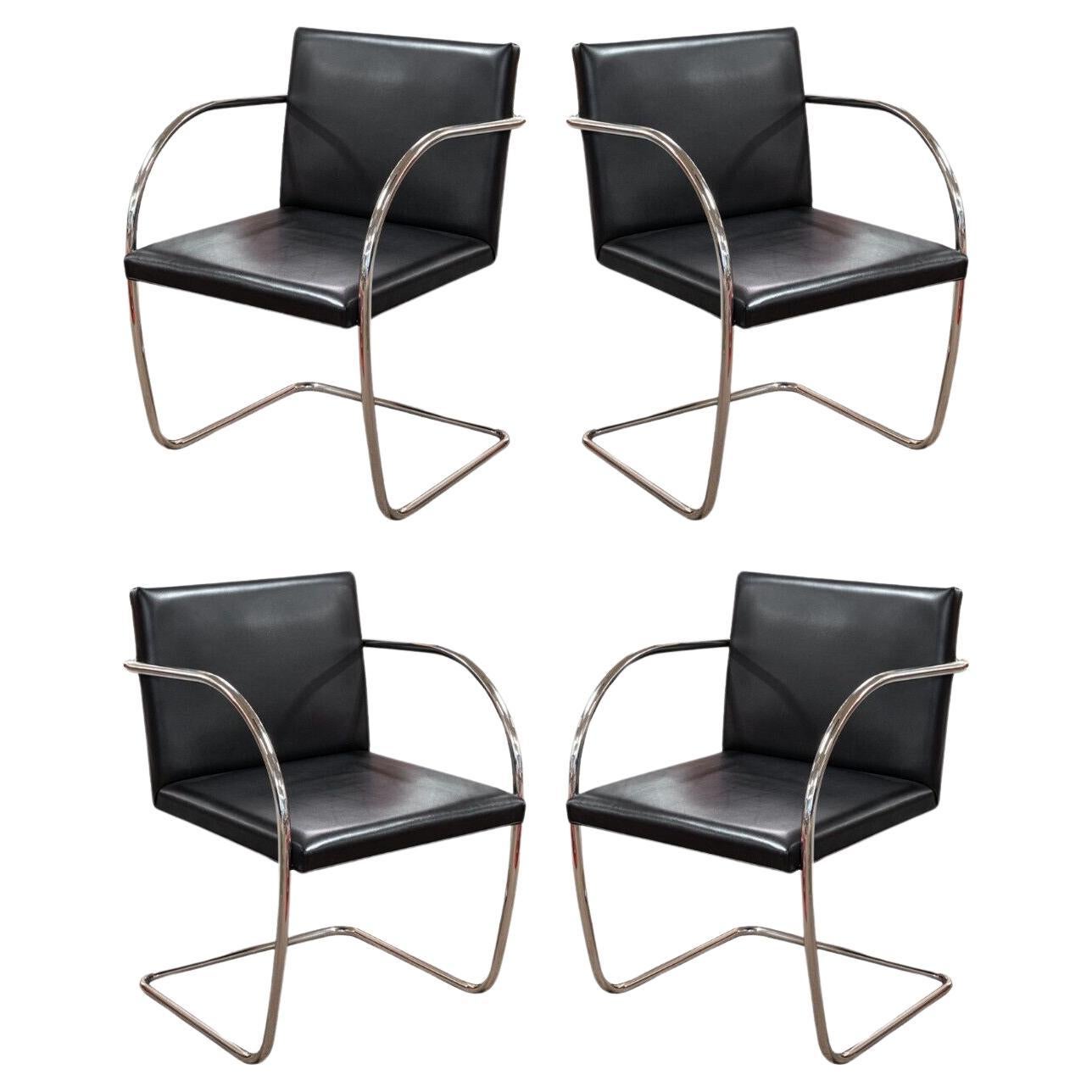 Set of 4 Mies van der Rohe for Knoll Tubular Black Leather Brno MCM Chairs For Sale
