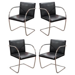 Retro Set of 4 Mies van der Rohe for Knoll Tubular Black Leather Brno MCM Chairs