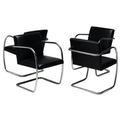 Set of 4 Mies van der Rohe Knoll Brno Satin Chrome Tubular Armchairs in Leather