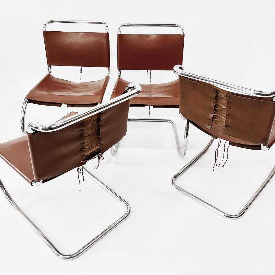 Set of 4 Ludwig Mies van der Rohe leather and chrome MR10 chairs. The chairs are of a cognac leather color with tubular chrome frames.

Vitra Design Museum, Mies van der Rohe Architecture and design in Stuttgart, Barcelona and Brno, Skira, Milan,