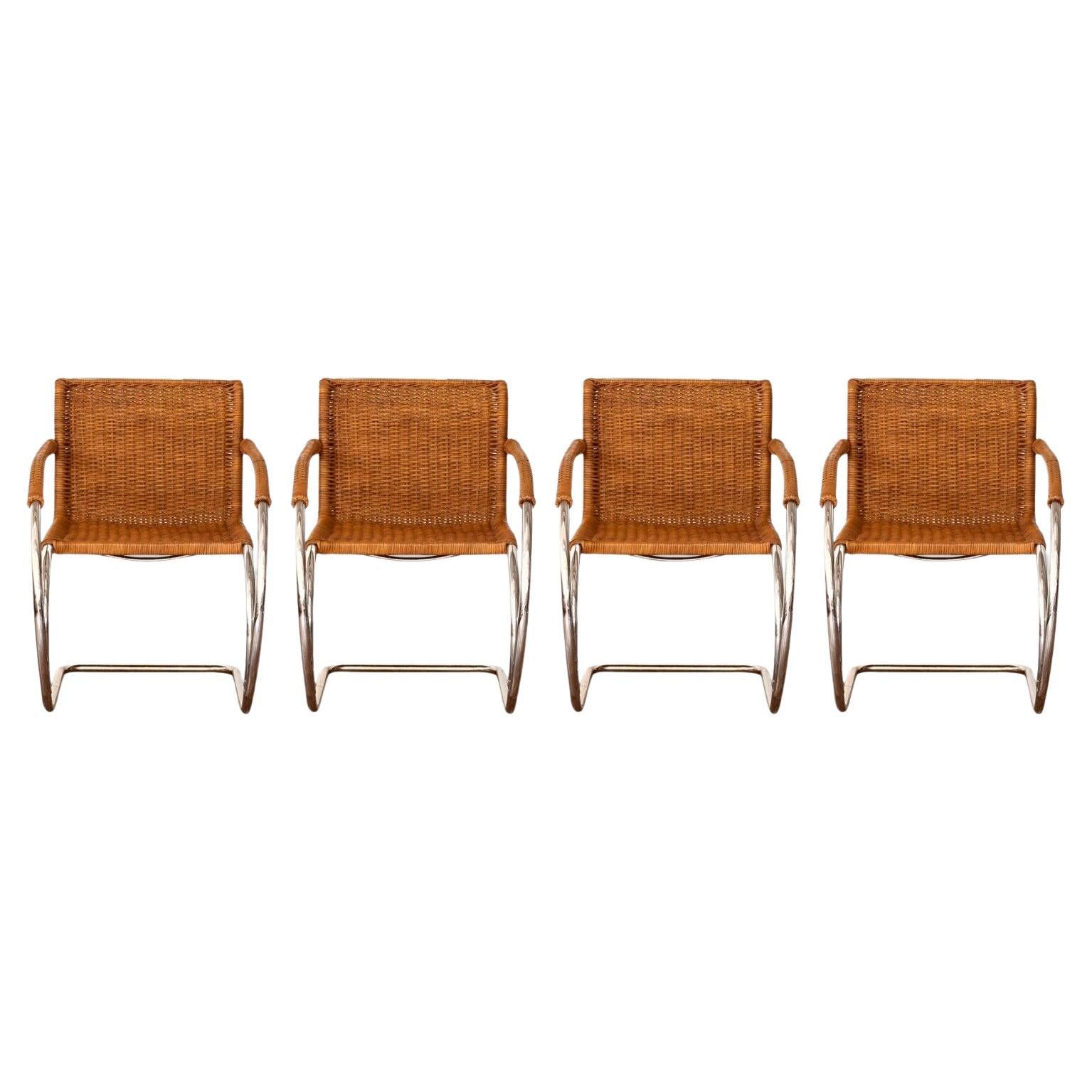 Set of 4 Mies Van Der Rohe MR20 Mid Century Modern Wicker and Chrome Armchairs For Sale