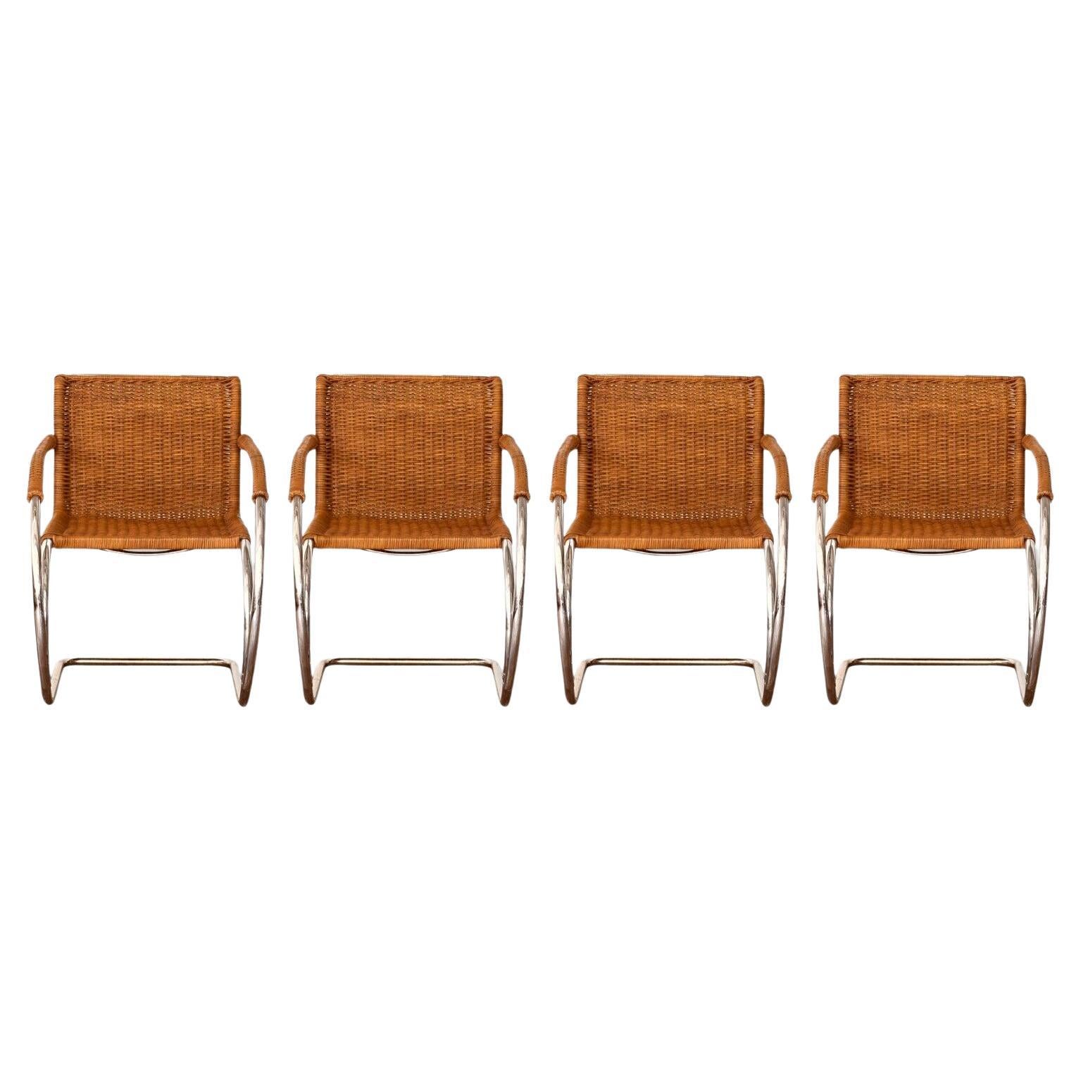 Set of 4 Mies Van Der Rohe MR20 Mid Century Modern Wicker and Chrome Armchairs