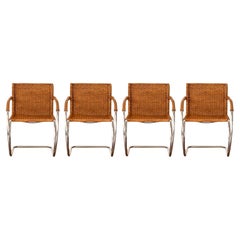 Set of 4 Mies Van Der Rohe MR20 Mid Century Modern Wicker and Chrome Armchairs