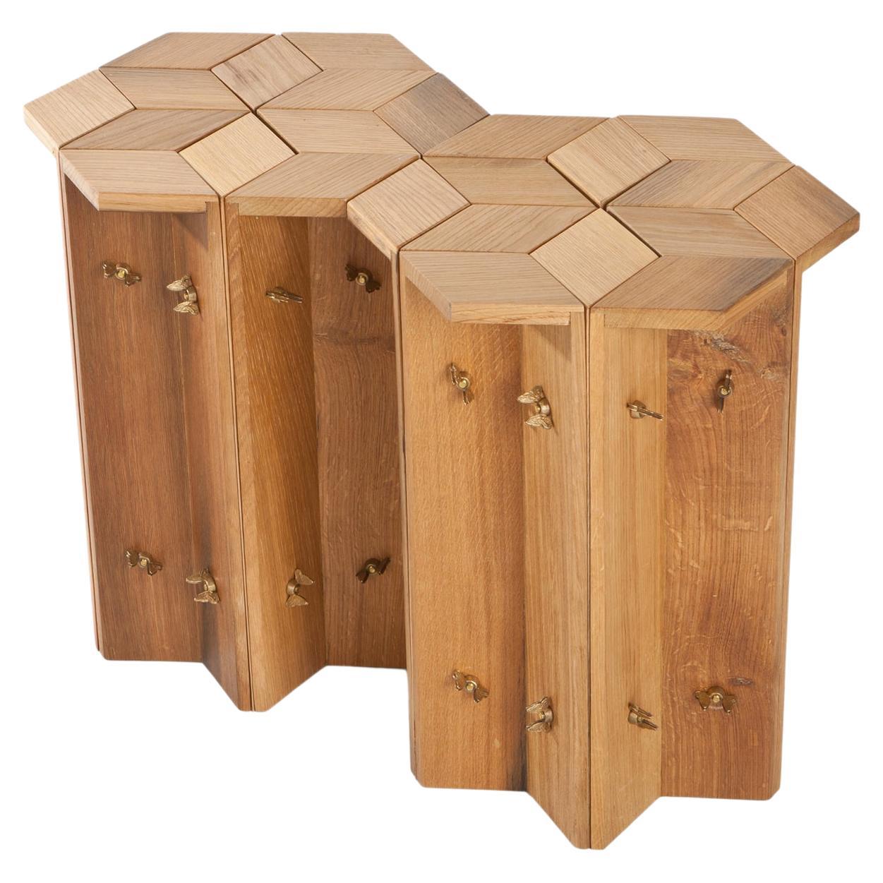 Brass Set Of 4 Mike Reclaimed Oak Stools by Fred and Juul For Sale