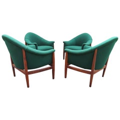 Set of 4 Milo Baughman Barrel Back Walnut Frame Lounge Chairs Midcentury