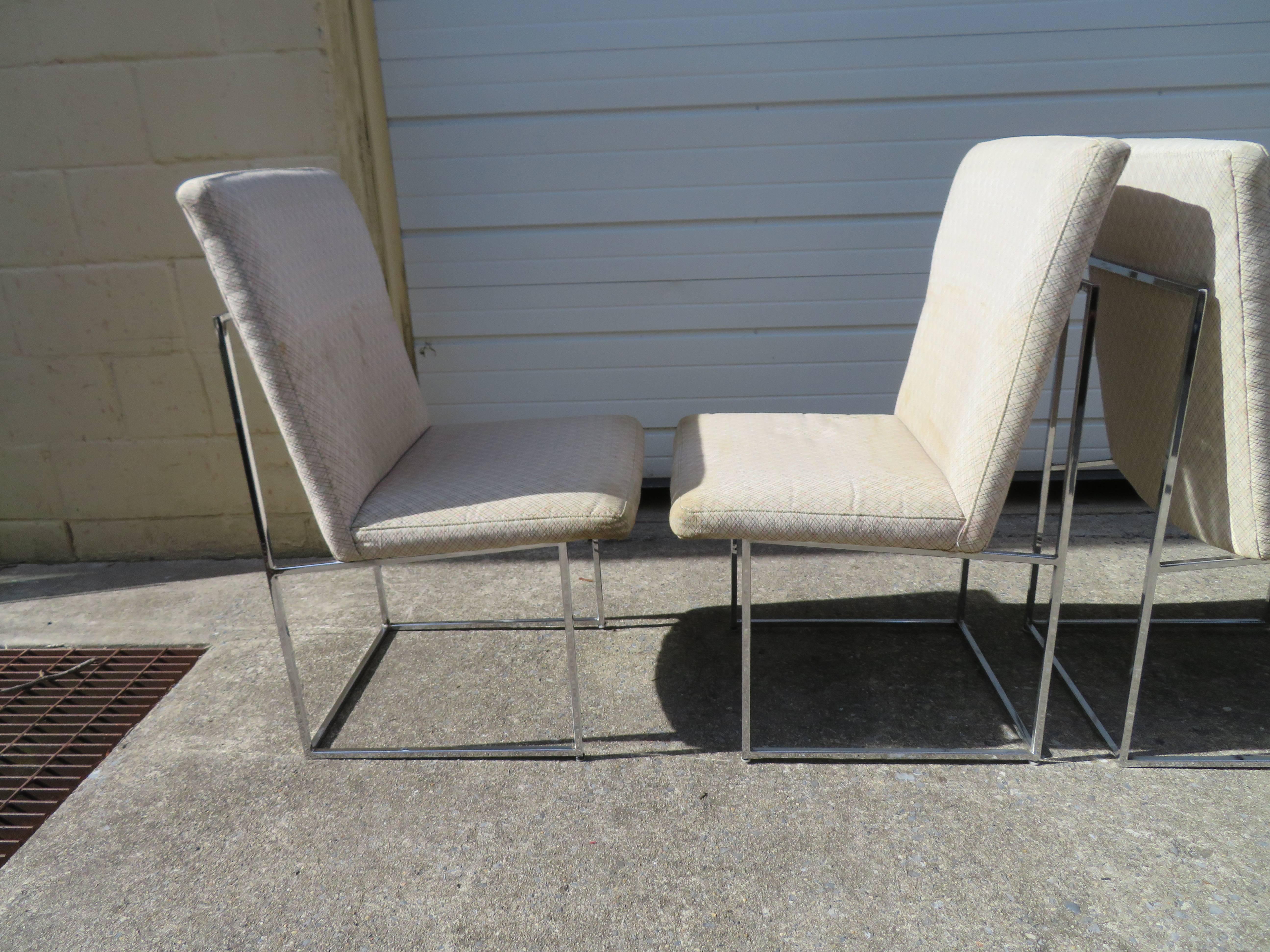 Nice set of four Milo Baughman chrome cube architectural dining chairs. This set show some light wear to the chrome with some minor pitting to the rods near the floor-hard to notice and price reflects condition. Also we are throwing in two matching