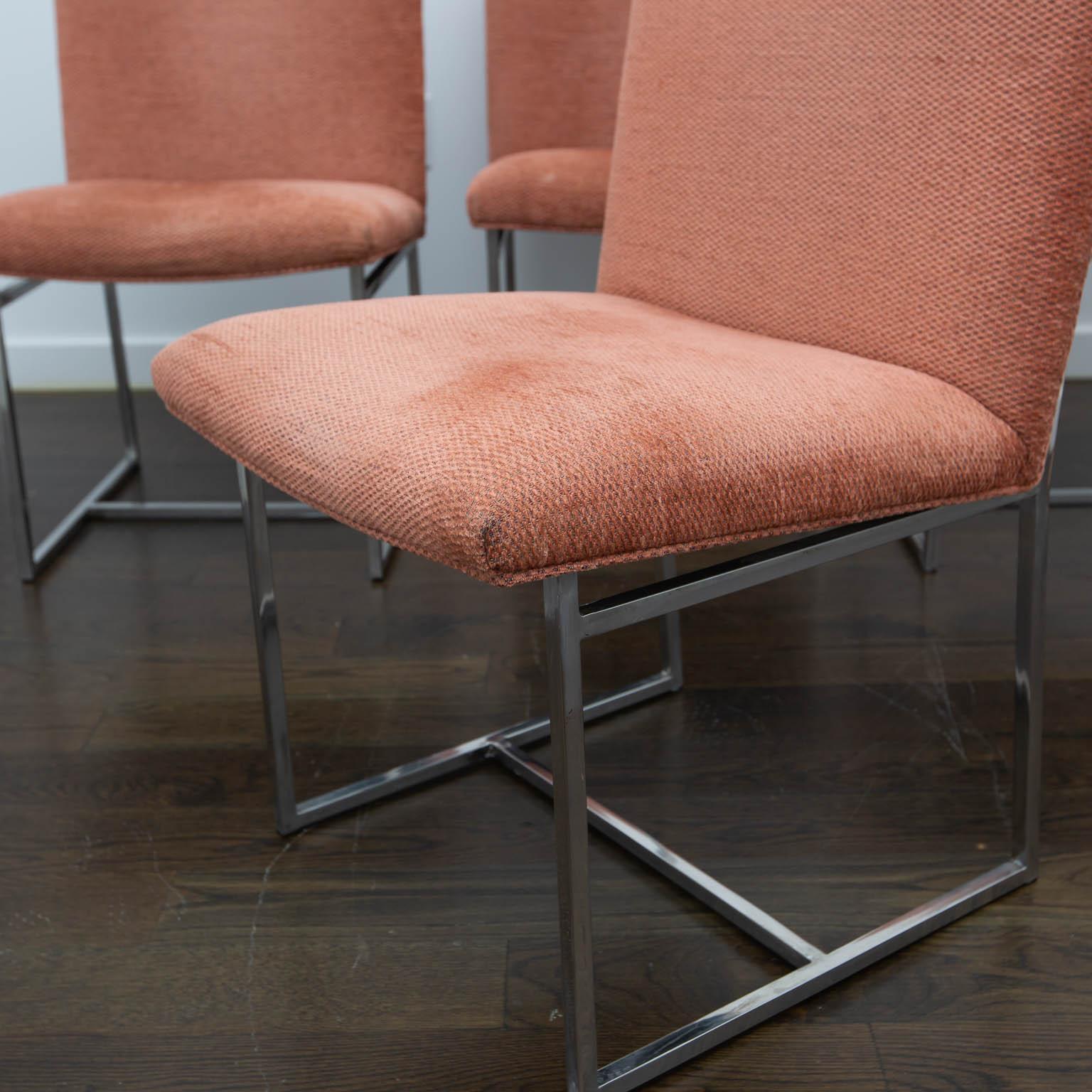 Nice vintage set with clean, light-salmon colored chenille fabric. Close in style to the Milo Baughman chair done for Thayer Coggin.