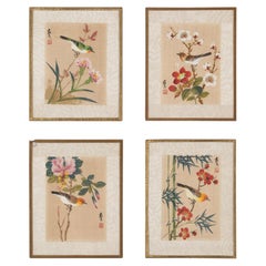 Set of 4 Miniature Chinoiserie Bird Paintings, France, 1950s