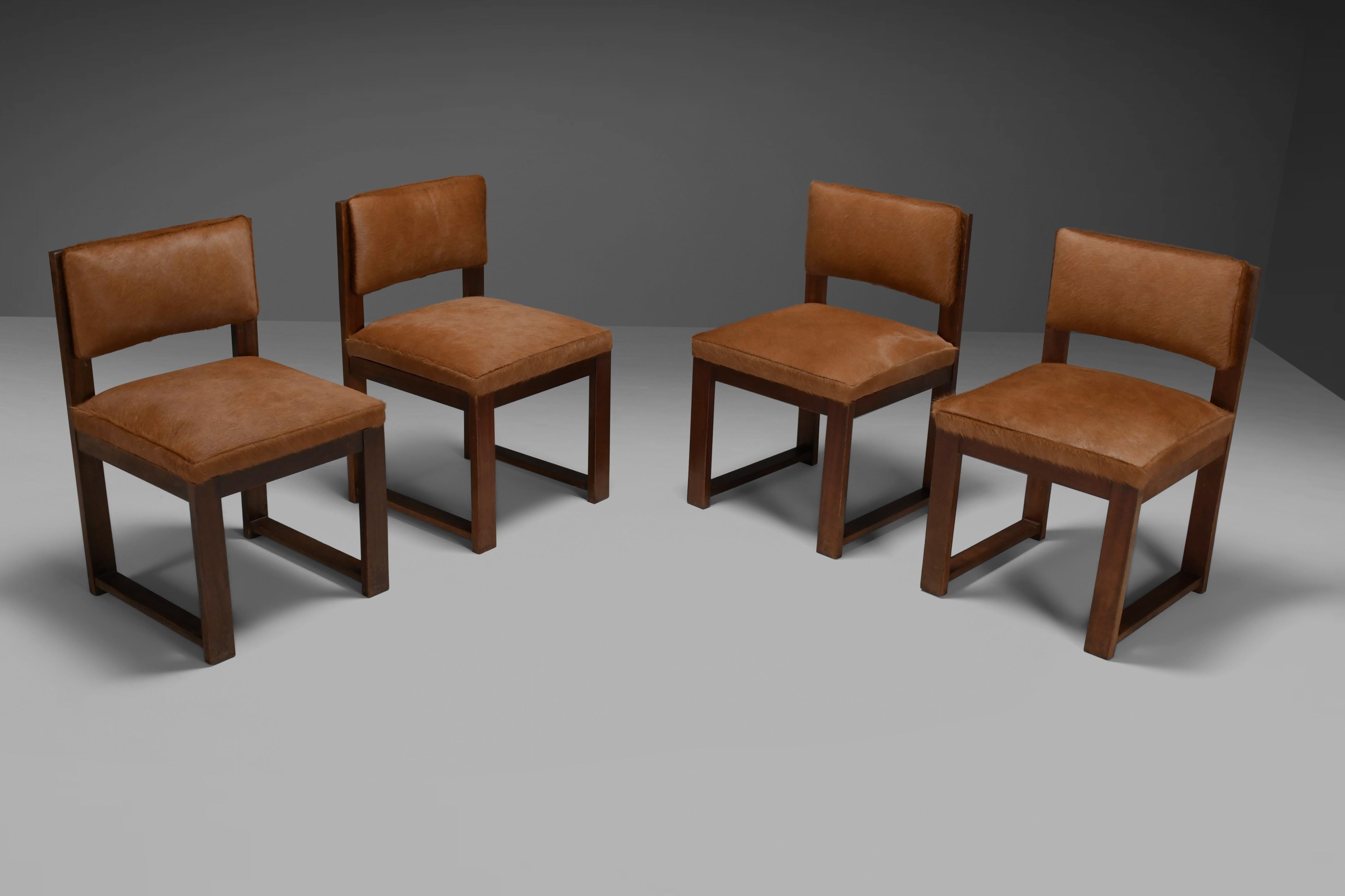 Set of 4 Minimalist Art Deco Dining Chairs in Cowhide, Netherlands, 1940s  For Sale 2
