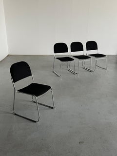 Set of 4 Minimalist Dining Chairs in Black Fabric and Chromed Steel, Stackable