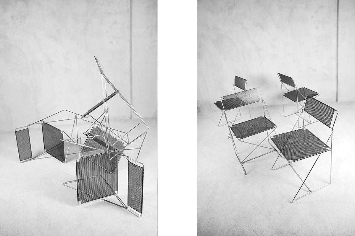 Late 20th Century Set of 4 Minimalist Metal X-Line Chairs by Niels Jørgen Haugesen for Hybodan For Sale