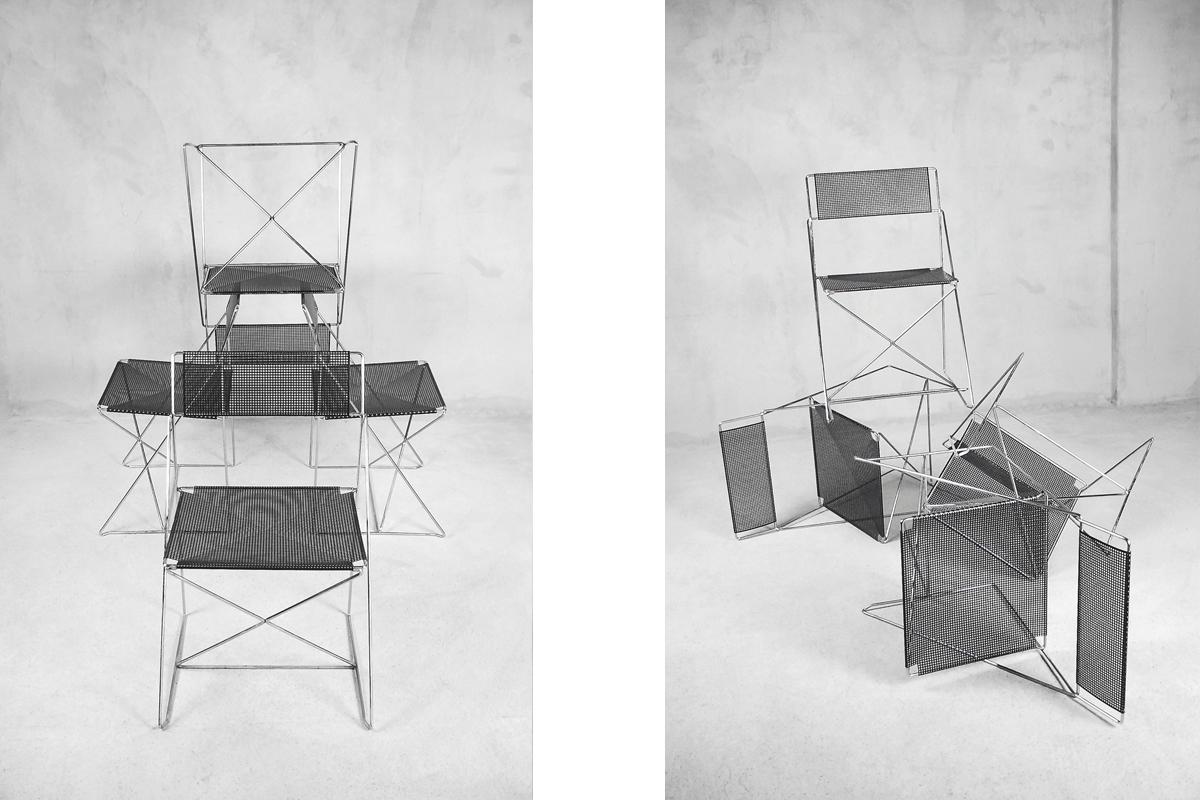 Fin du 20e siècle Ensemble de 4 chaises minimales en métal X-Line par Niels Jørgen Haugesen pour Hybodan en vente