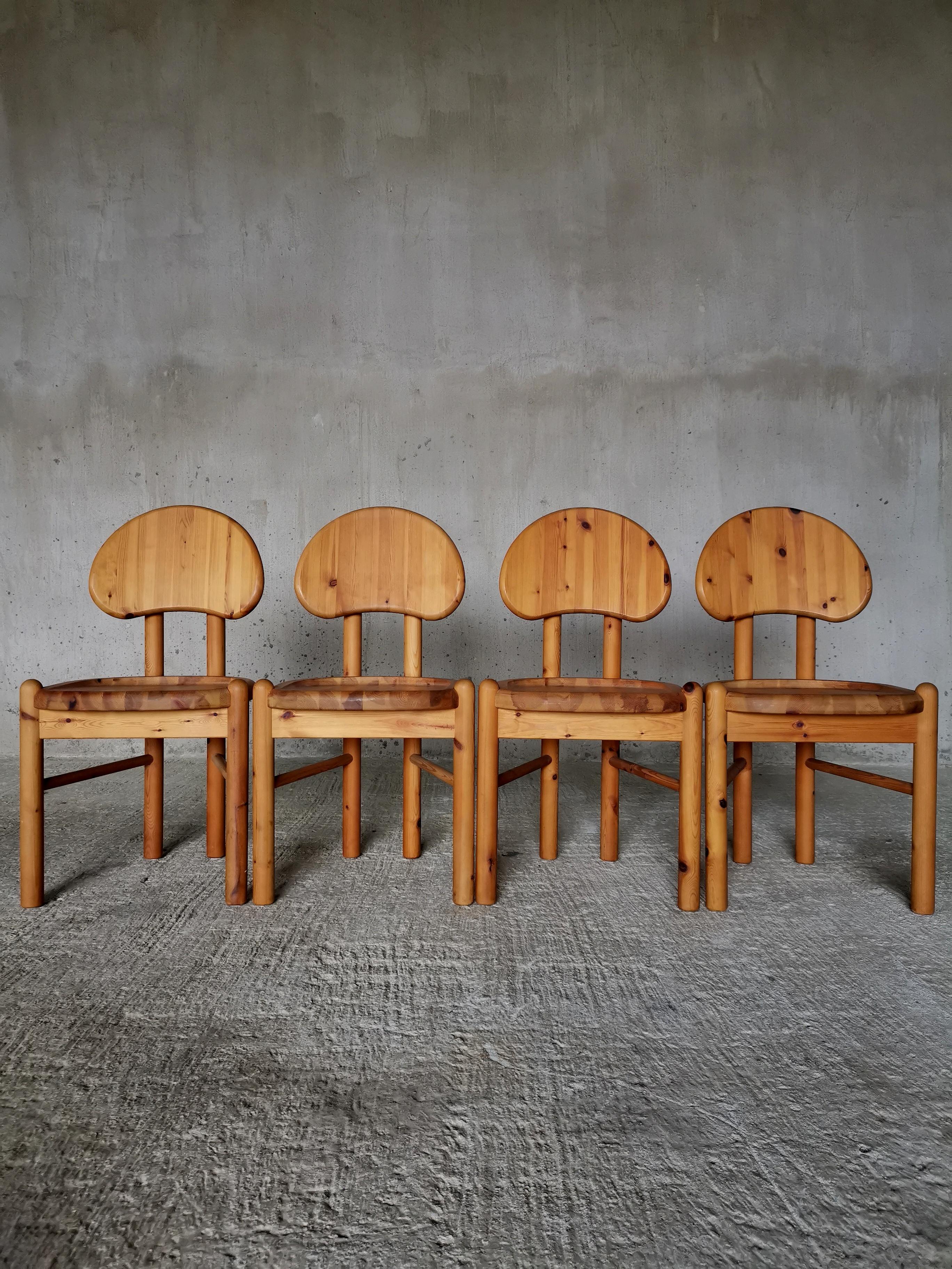 Set of 4 dining chairs in solid pine, style of Rainer Daumiller. 
Made in Denmark in the 1970s, these chairs has many fine construction and design details recognizable to the work of a midcentury Danish cabinetmaker.
Details seen in the shape of the