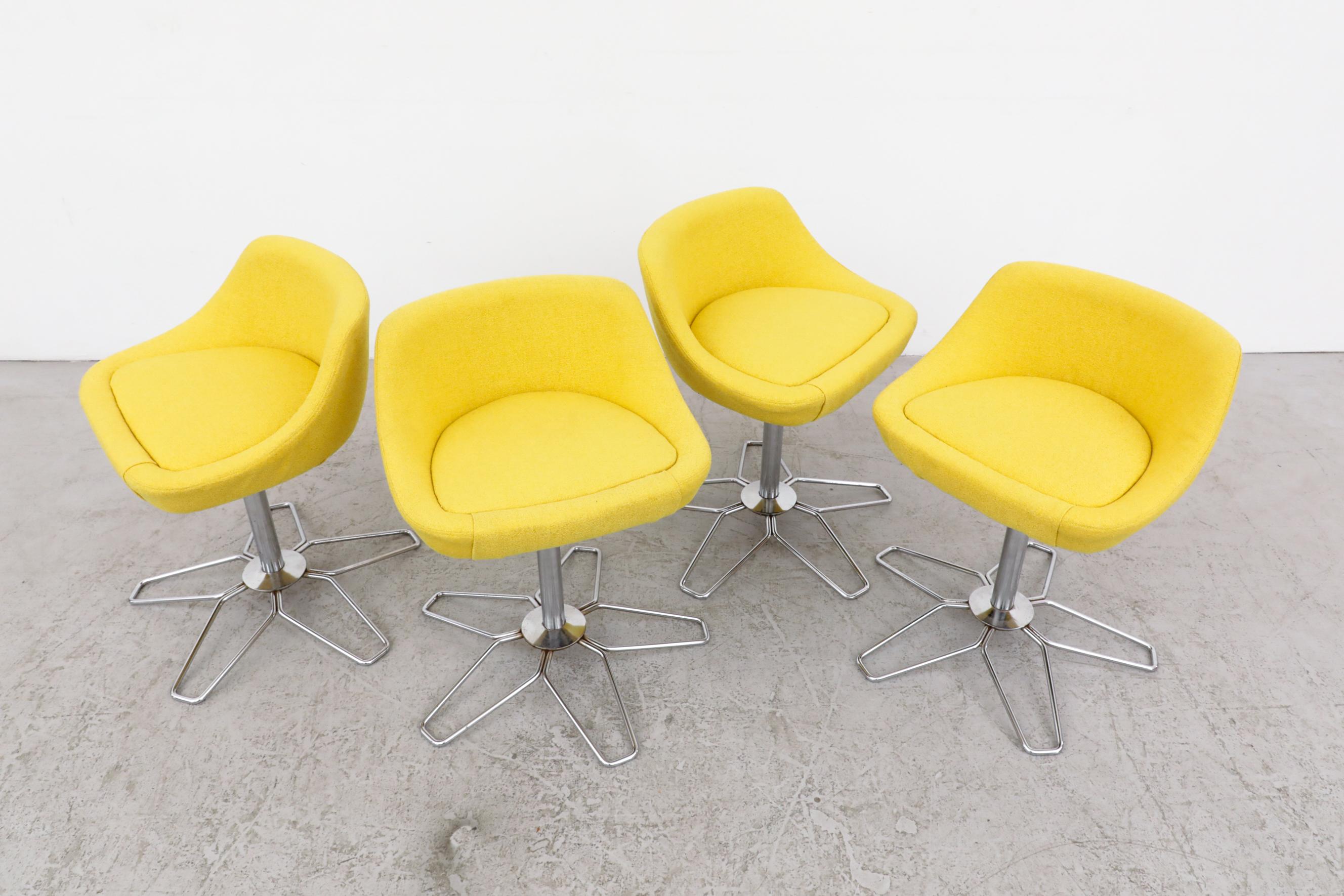 Upholstery Set of 4 MOD Mid-Century Yellow Flower Power Dining Height Swivel Stools For Sale