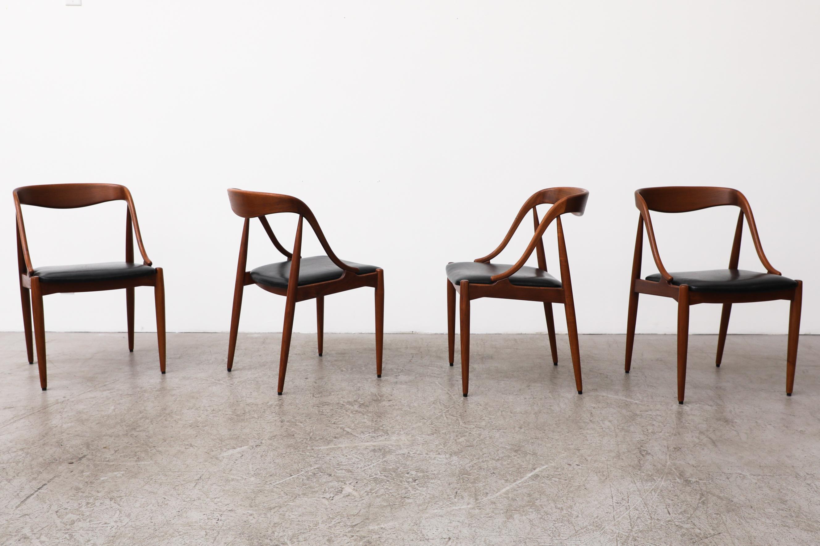 Mid-Century Danish Model 16 dining chairs by Johannes Andersen For Uldum Møbelfabrik, 1960s, set of 4. These chairs have original black leather seats with lightly refinished solid teak frames with a great patina. Wear is consistent with their age