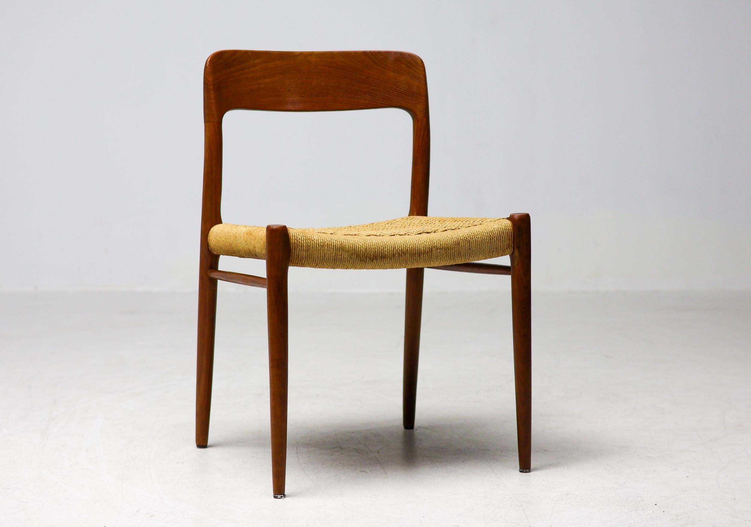 A rare and limited set of four (4) Model 75 Dining Chairs by Niels Møller for J.L. Møllers Møbelfabrik, crafted in the 1960s in Denmark. These stunning chairs are constructed from solid teak, showcasing the natural beauty of the old-growth wood